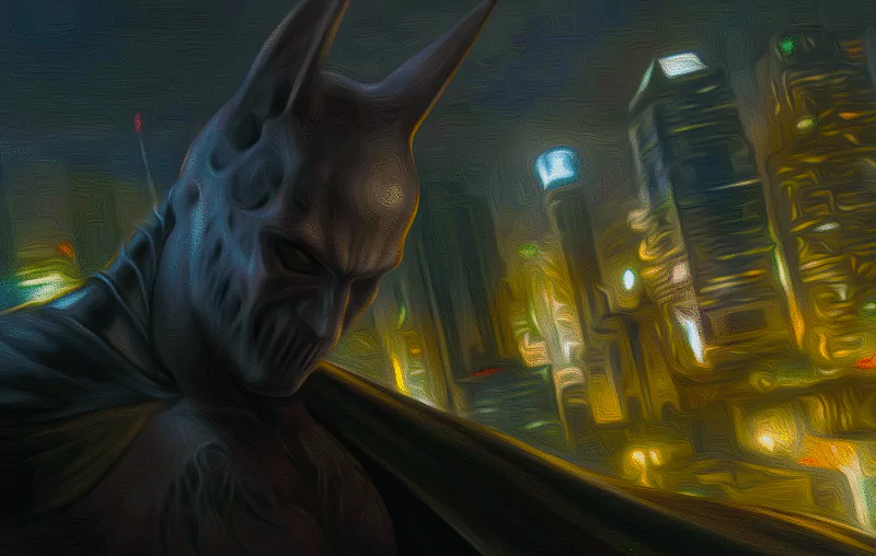 A dark and brooding Batman stands on a city rooftop, city lights glowing behind him, capturing the essence of a gritty comic book atmosphere.