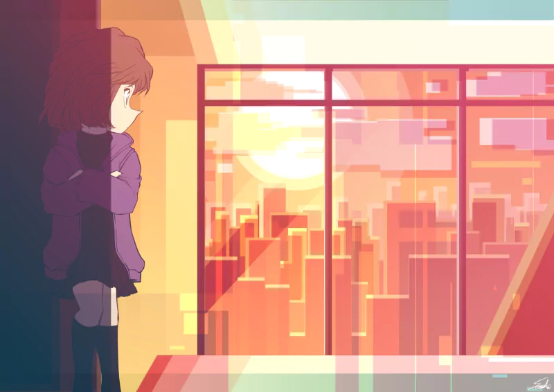 Ai Haibara stands by a large window, looking out at a glowing orange-pink city skyline as the sun sets, warm light streaming in.