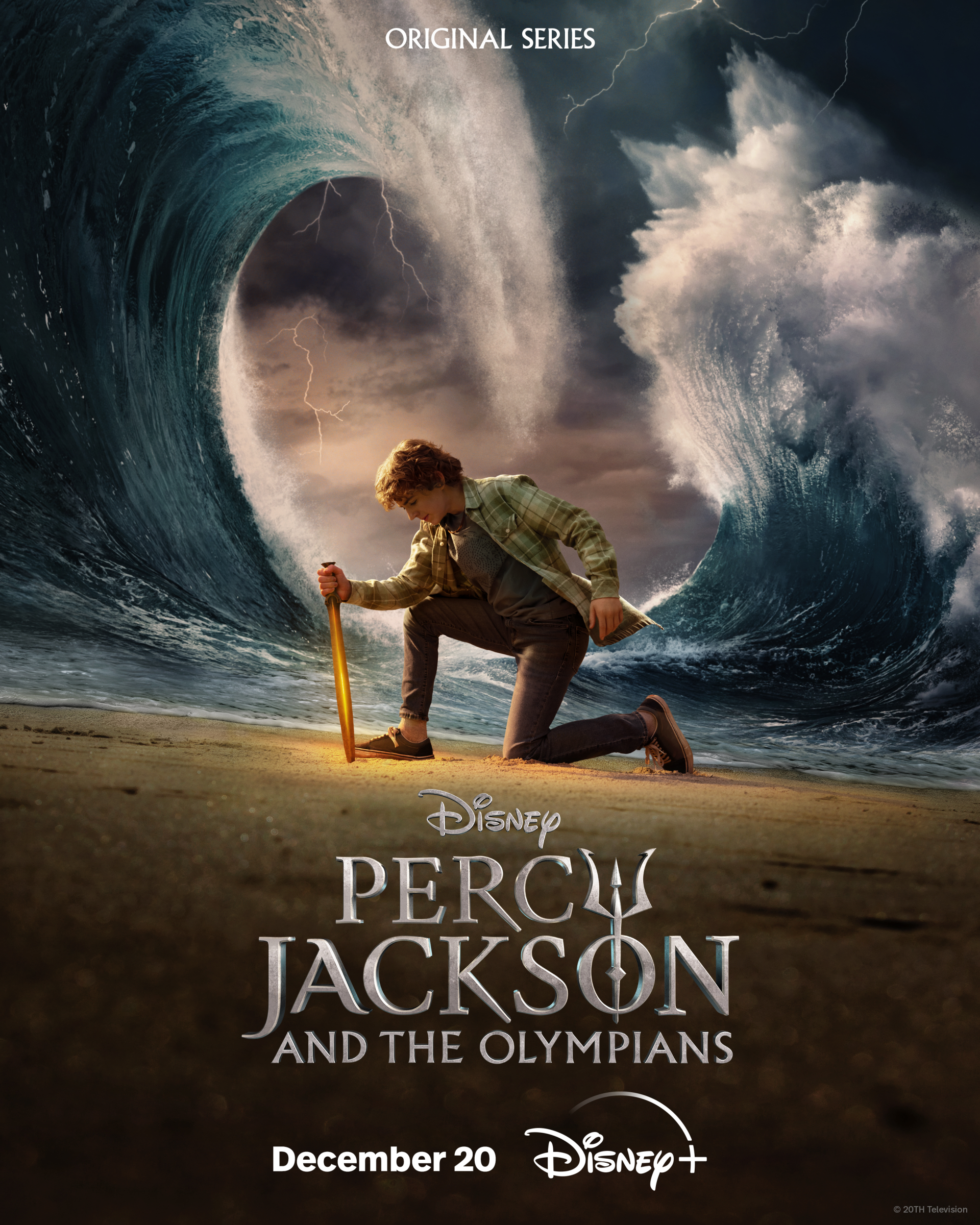 Promotional poster for the TV series Percy Jackson and the Olympians on Disney+ featuring a character with a sword looking at a towering wave, with the release date December 20 shown.