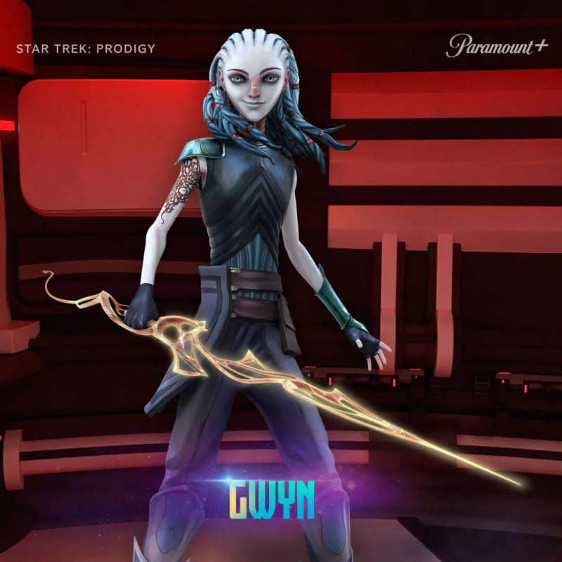 Animated character Gwyn holding a glowing weapon in a promotional image for Star Trek: Prodigy TV show.