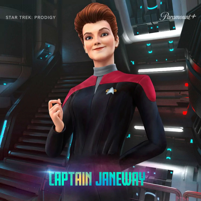 Animated character resembling Captain Janeway from the Star Trek: Prodigy TV show standing confidently on the starship's deck, with the Paramount+ logo and show title visible.