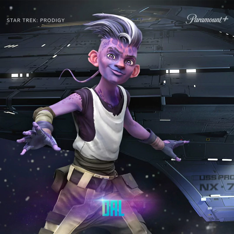 Dal from Star Trek: Prodigy animated series standing confidently in front of the USS Protostar NX-76884 spacecraft.