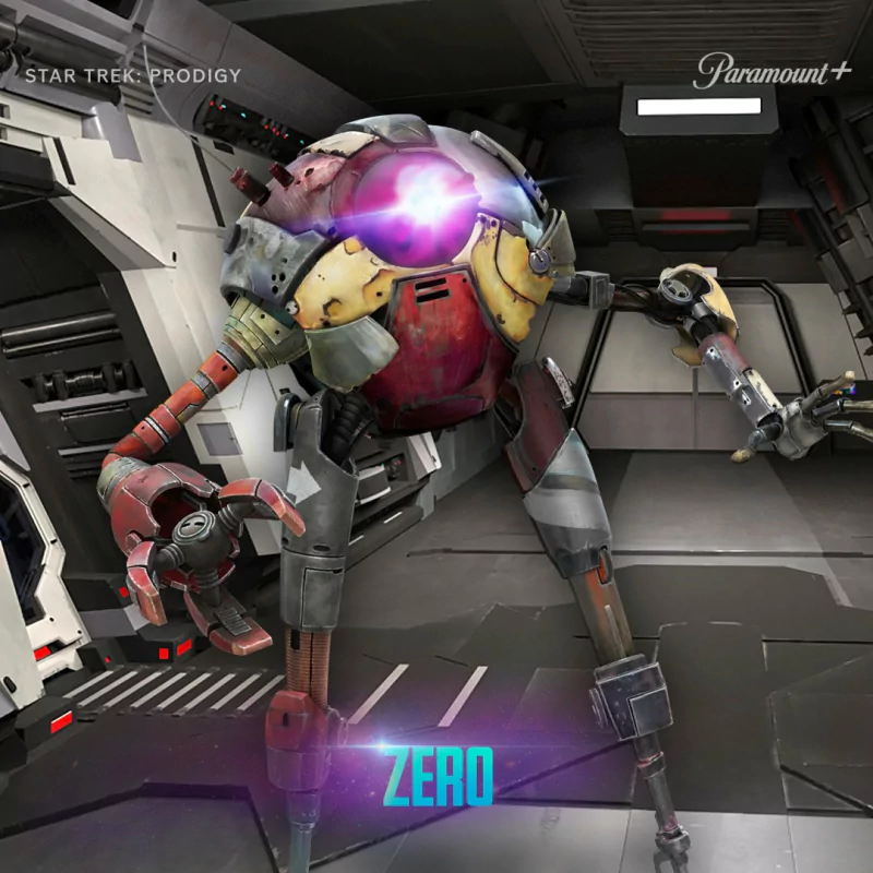 Promotional image of a character named Zero from the animated series Star Trek: Prodigy, featuring a robotic figure with a purple energy sphere for a head in a spaceship interior, with the logo of Paramount+ visible.