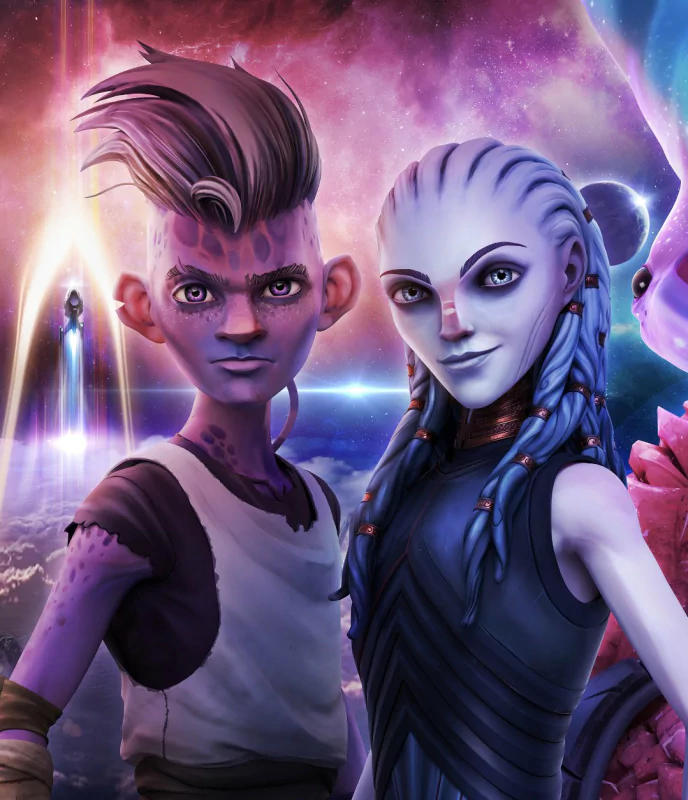 Animated characters from Star Trek: Prodigy posing against a cosmic backdrop for the TV show's promotional material.