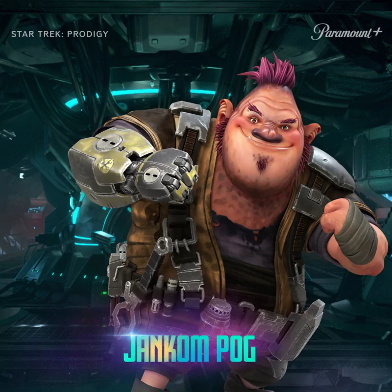 Animated character Jankom Pog from Star Trek: Prodigy TV show, sporting purple hair and a mechanical backpack, against a sci-fi themed backdrop.