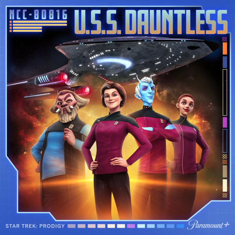 Promotional poster for Star Trek: Prodigy featuring the U.S.S. Dauntless starship and animated characters from the TV show against a space backdrop.