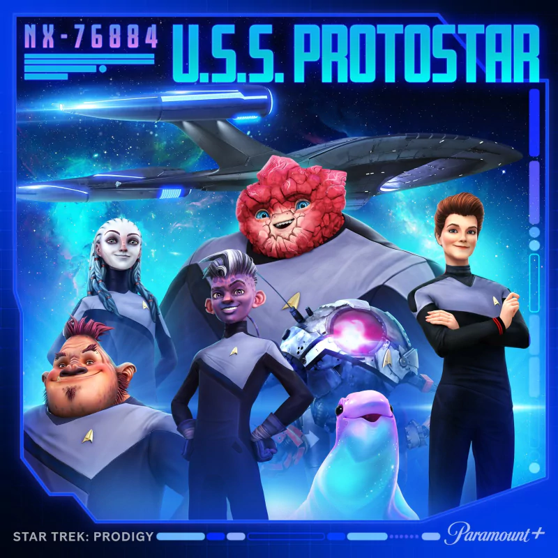 Promotional artwork for Star Trek: Prodigy showcasing animated characters in front of the starship U.S.S. Protostar, symbolizing adventure and exploration in the iconic sci-fi series.