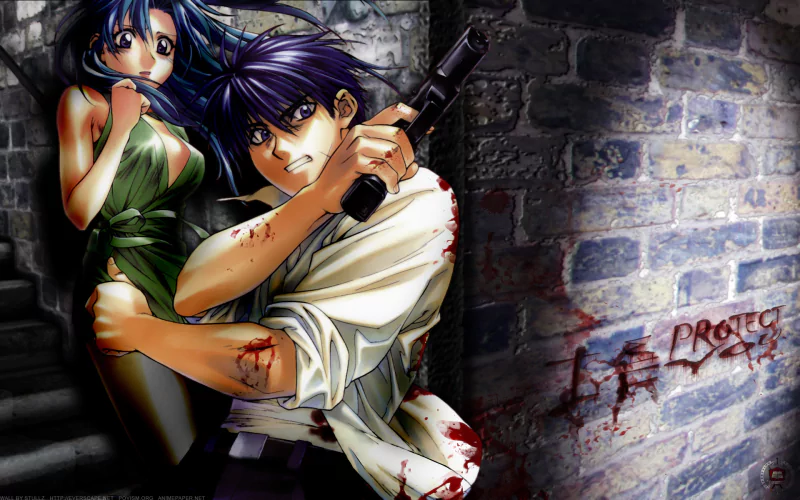 A dynamic scene featuring a wounded young man holding a gun protectively in a dark alley, with a woman beside him, showcasing tension and urgency in an anime style.