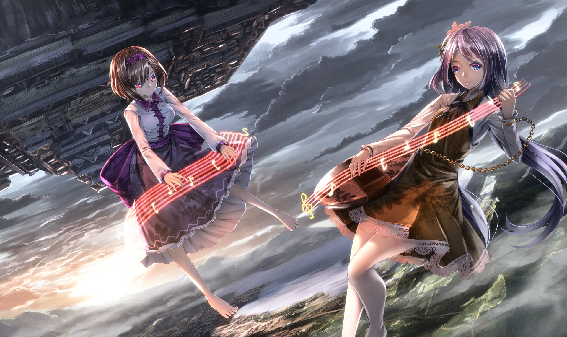 Two anime-style girls play glowing, stringed instruments while standing barefoot on rocky terrain under a cloudy sky.