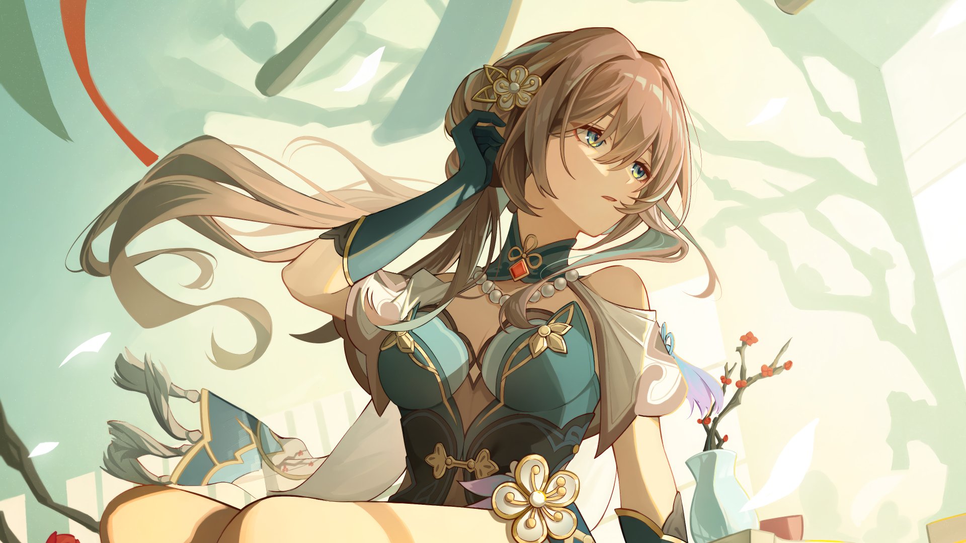 Ruan Mei from the video game Honkai: Star Rail is depicted with flowing hair and intricate clothing, set against a softly lit, nature-inspired background.