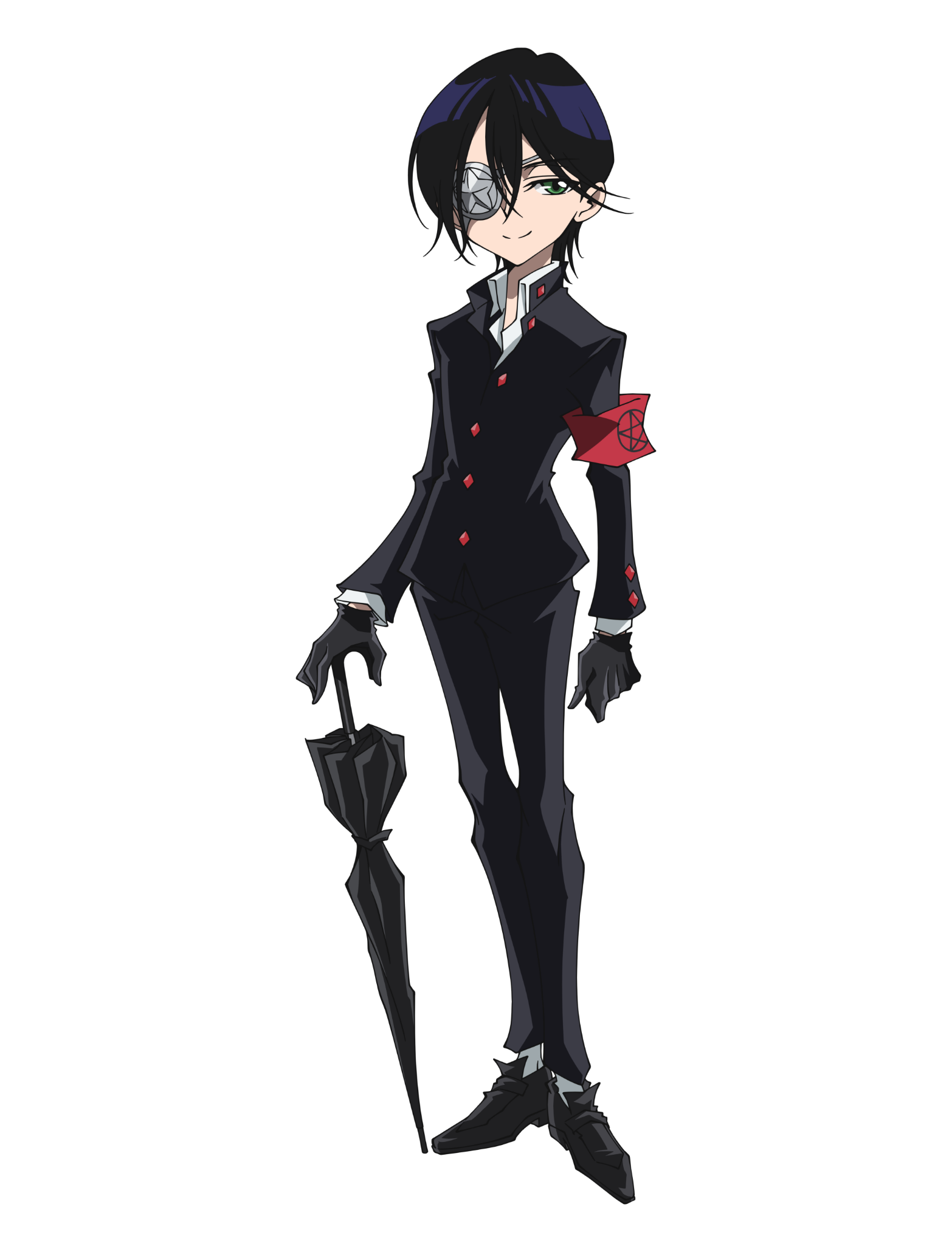 Anime character from Shaman King Flowers in black uniform with red accents and umbrella.