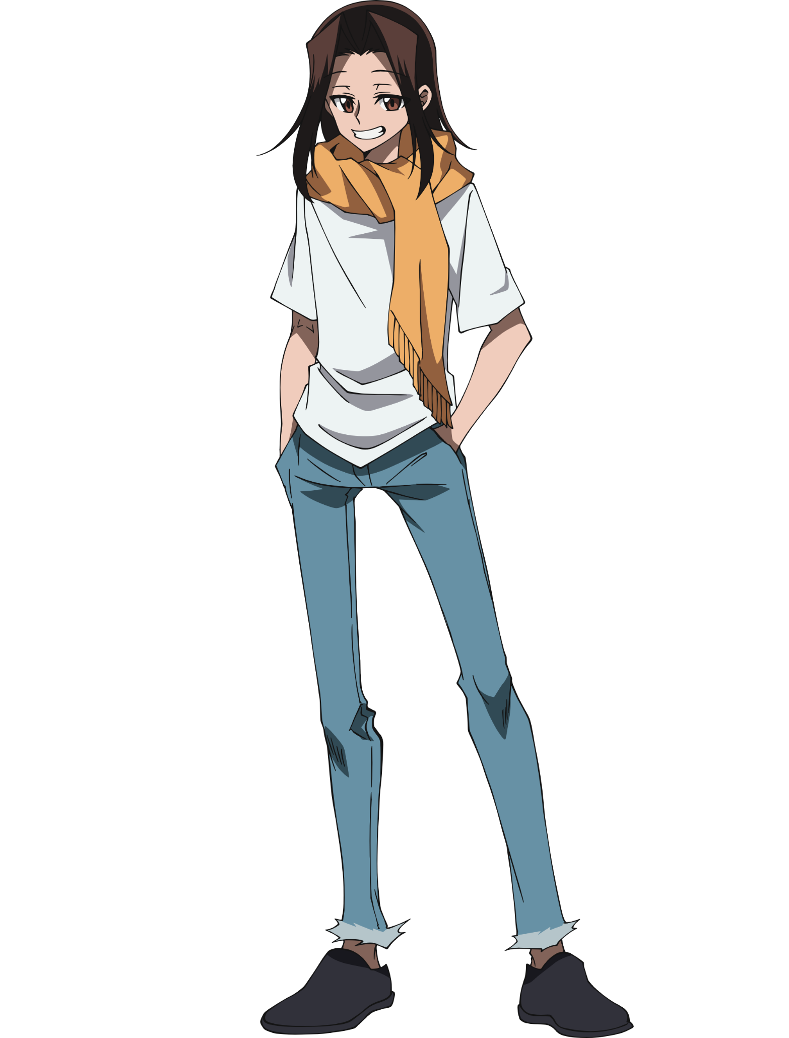 Illustration of a character from the anime Shaman King Flowers, standing confidently with hands in pockets, wearing a white t-shirt, jeans, and a yellow scarf.