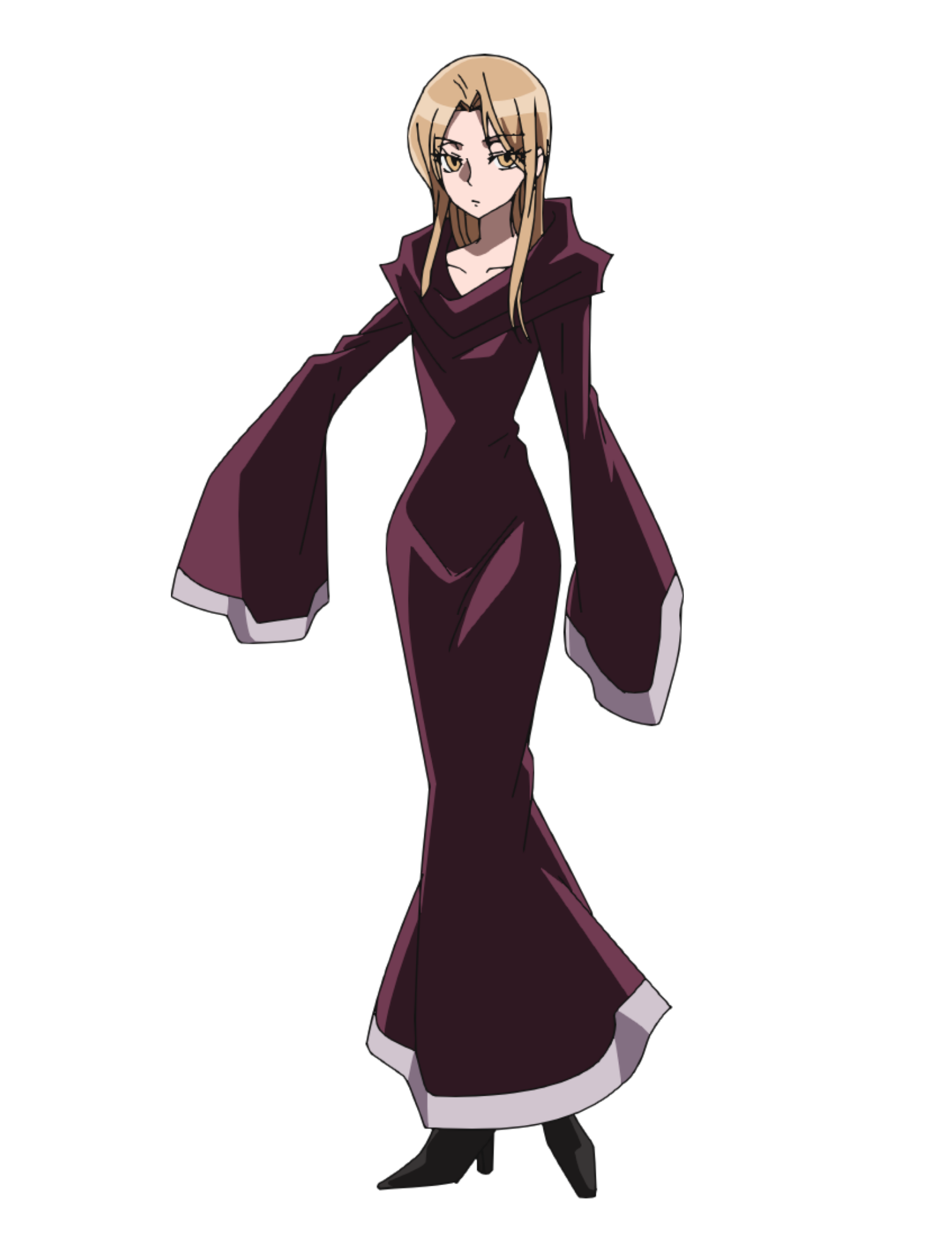 Anime character from Shaman King Flowers in a purple robe standing confidently with a black background.