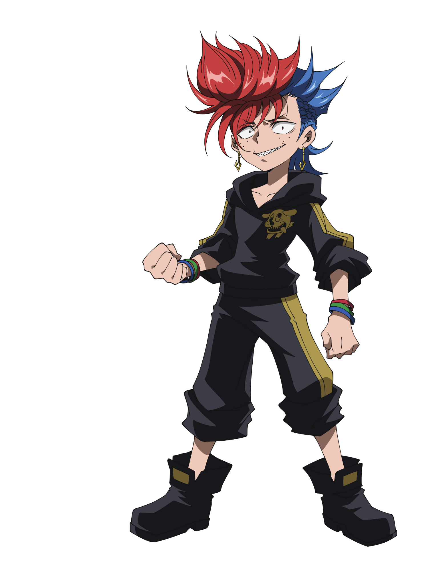 Anime character from Shaman King Flowers with vibrant red and blue hair, wearing a black outfit with golden accents, striking a determined pose.