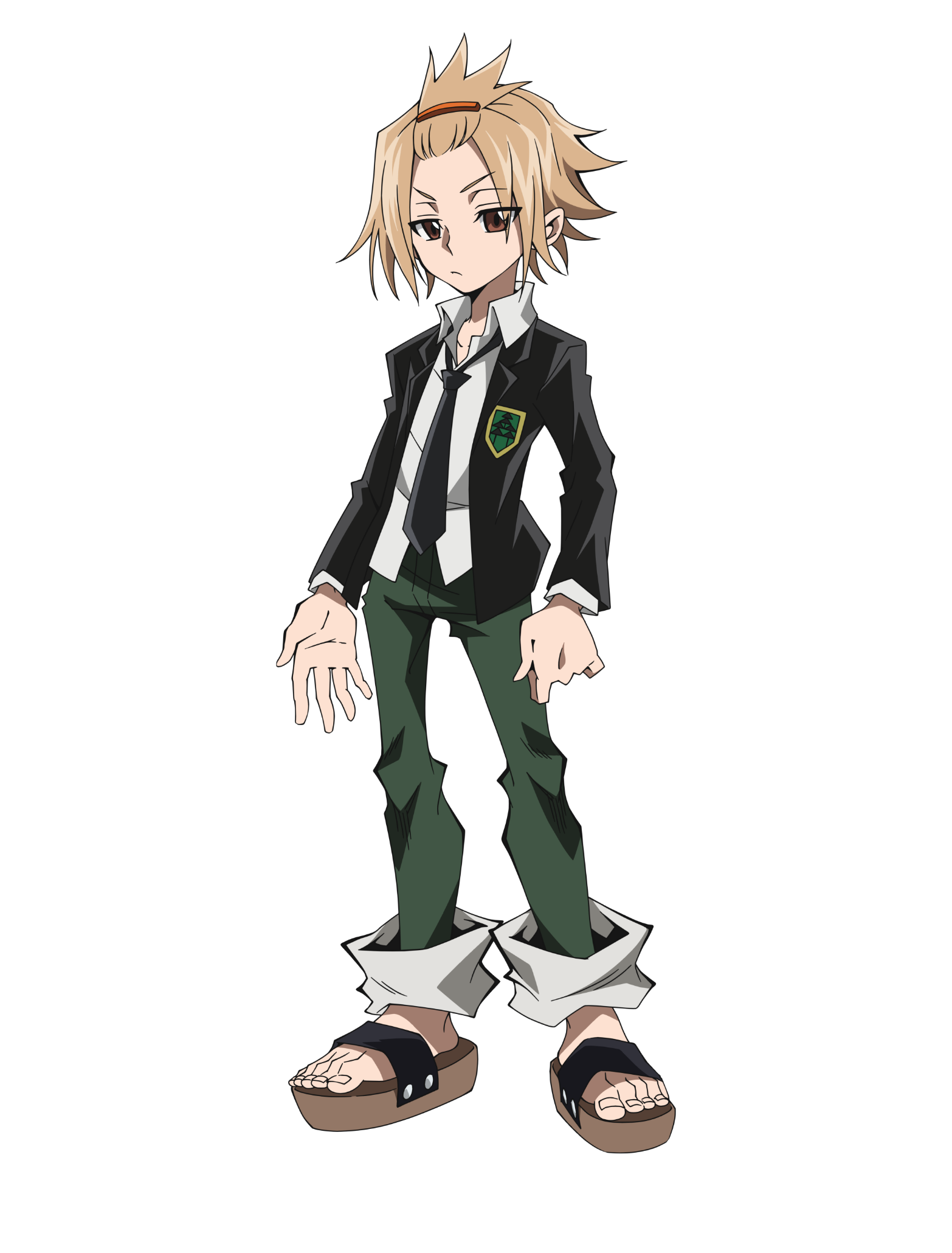 Anime character from Shaman King Flowers standing in school uniform with confident pose on a black background.
