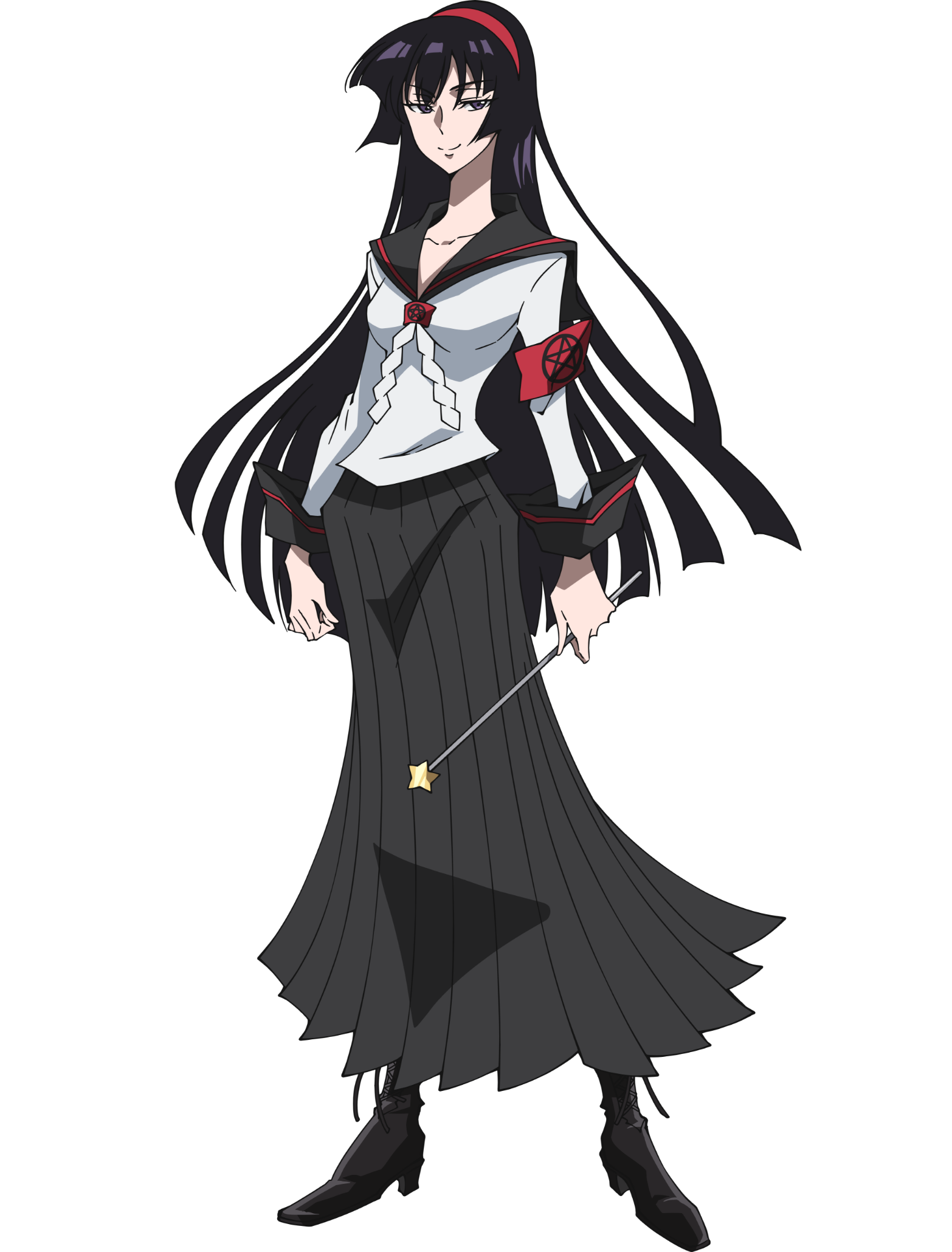 Illustration of a female character from Shaman King Flowers anime, standing in a confident pose, wearing a black skirt and a white blouse with red accents.