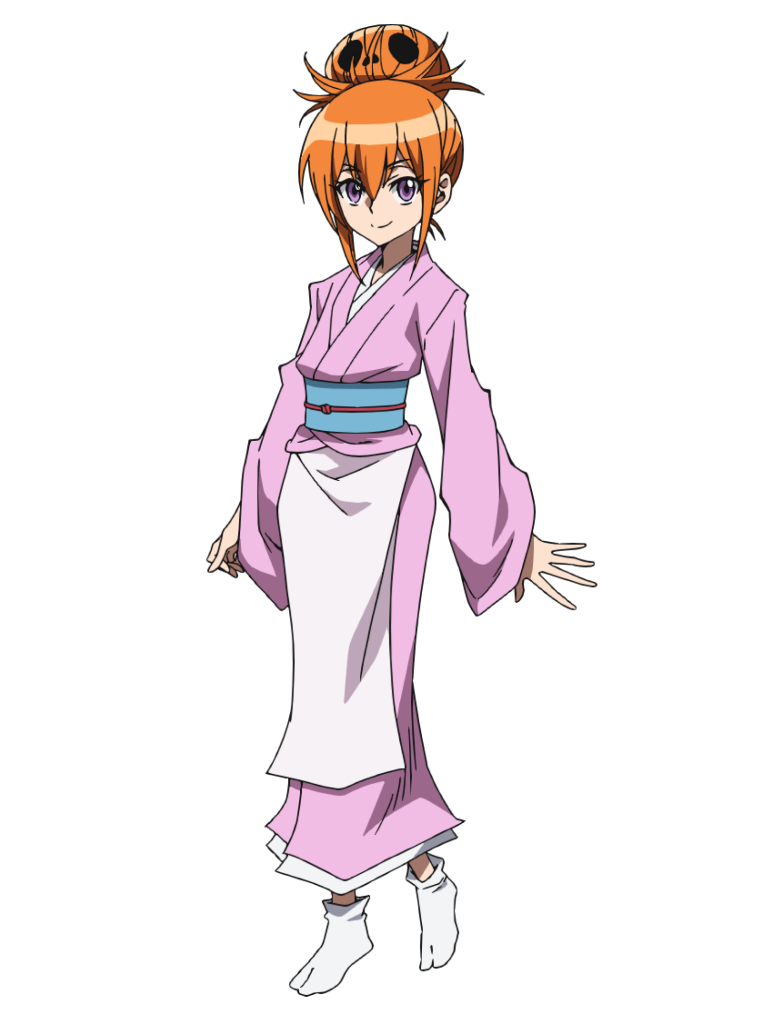 Anime character from Shaman King Flowers wearing a pink traditional kimono with orange hair.