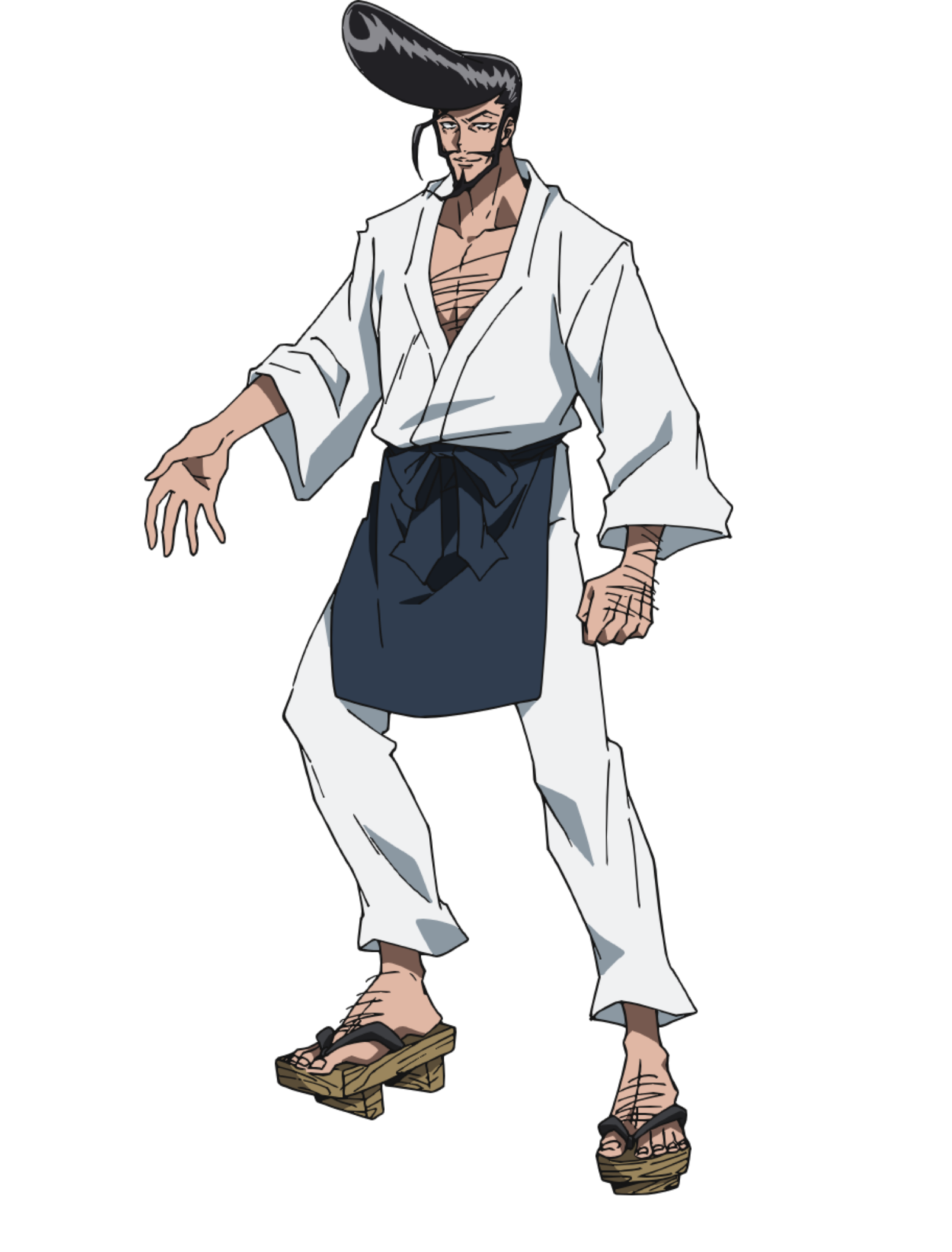 Illustration of a character from the anime Shaman King Flowers, wearing traditional attire with a white top, blue hakama pants, and wooden sandals on a black background.