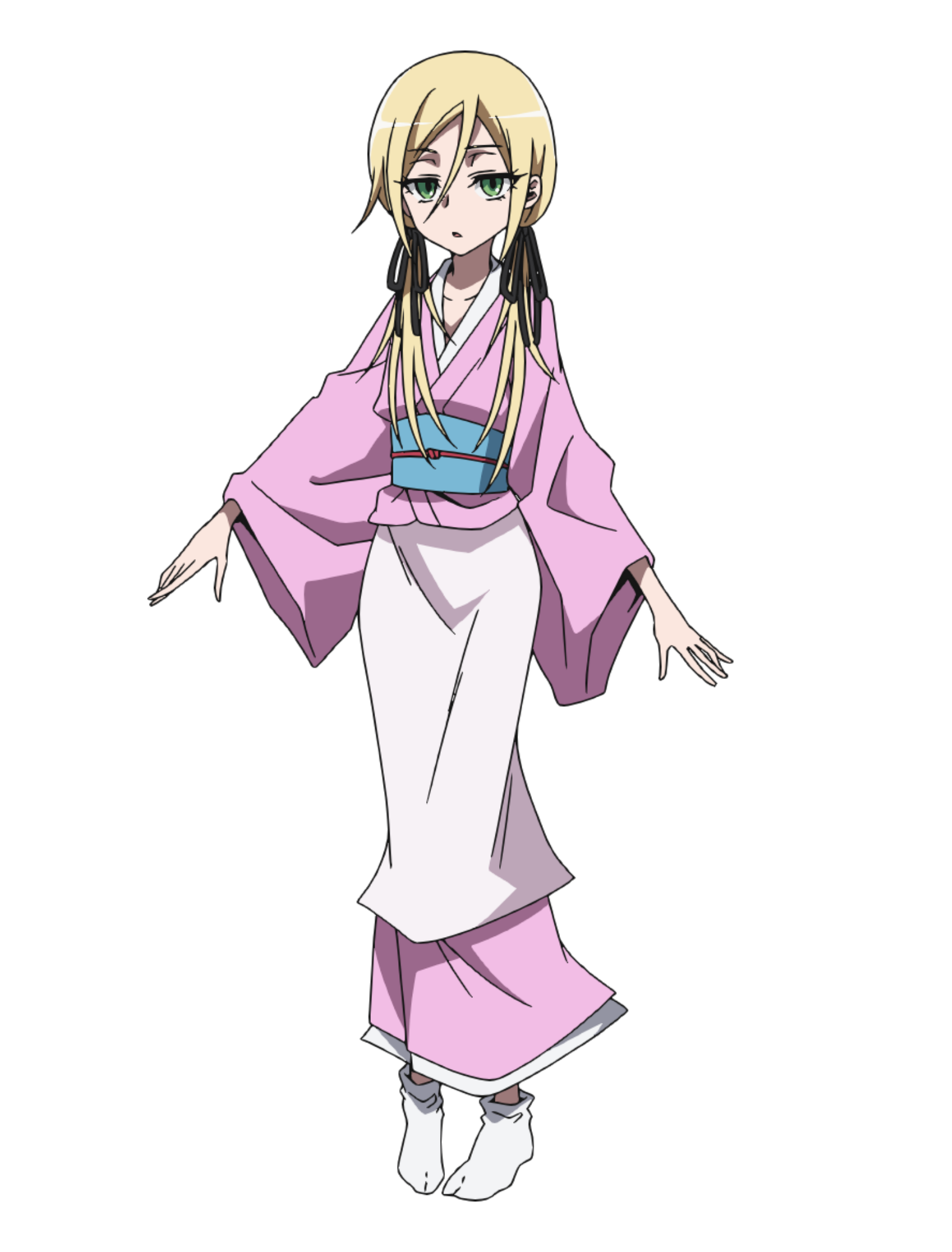 Anime character from Shaman King Flowers wearing traditional pink and white robe, standing with arms open.