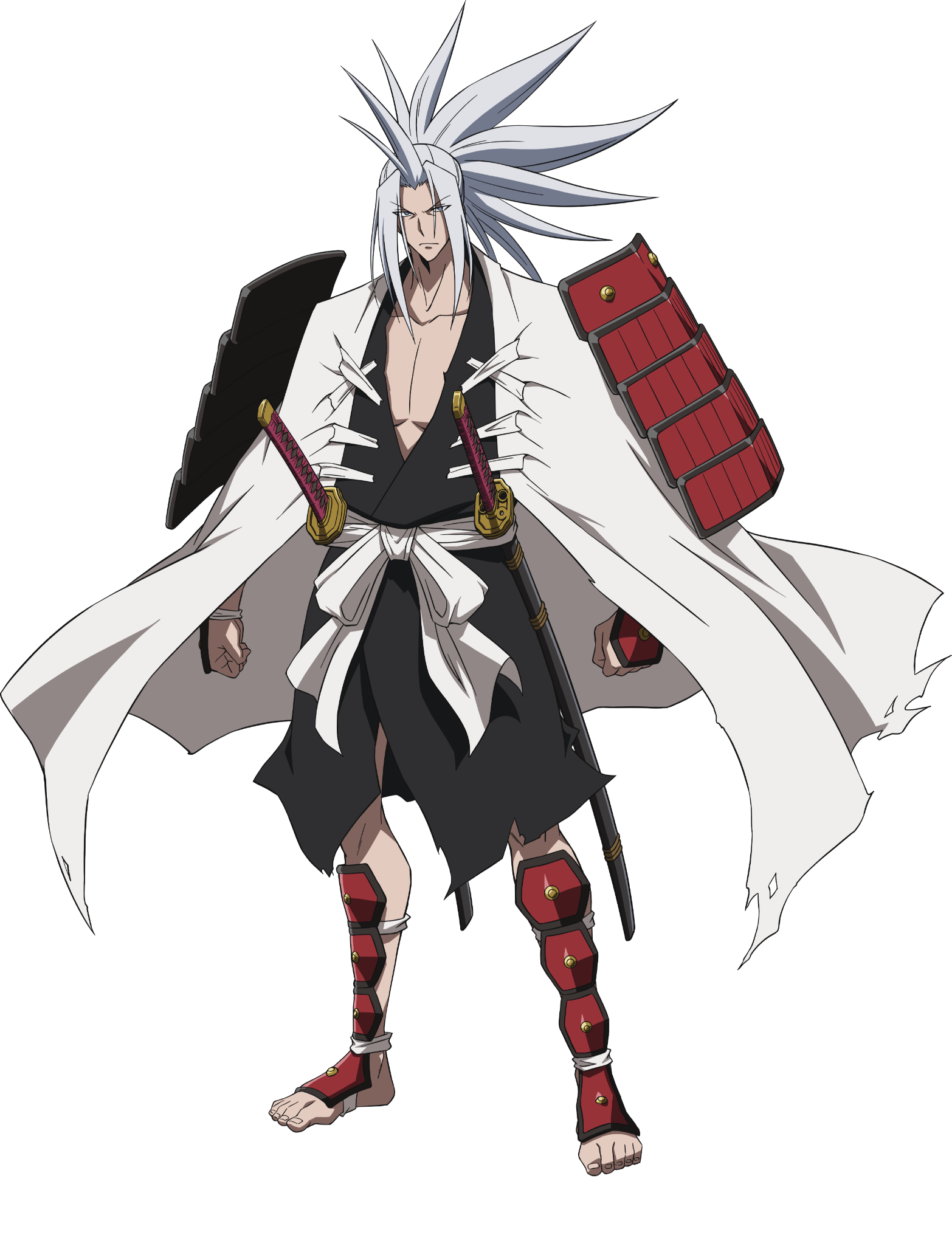 Illustration of a character from Shaman King Flowers anime, featuring a white-haired shaman in a traditional outfit with red accents and an imposing stance.