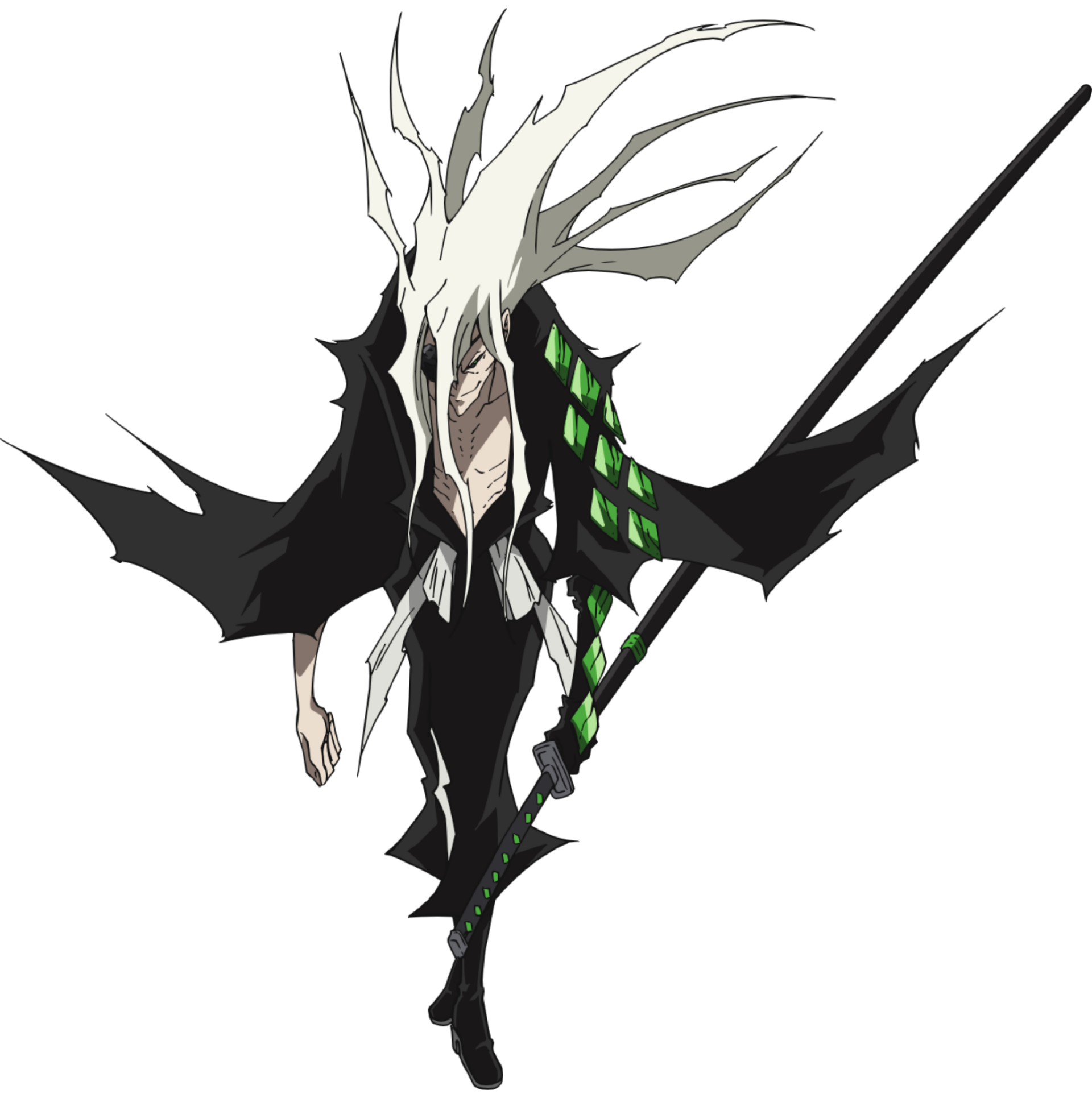Anime character from Shaman King Flowers with mystical attire and a striking pose on a black background.