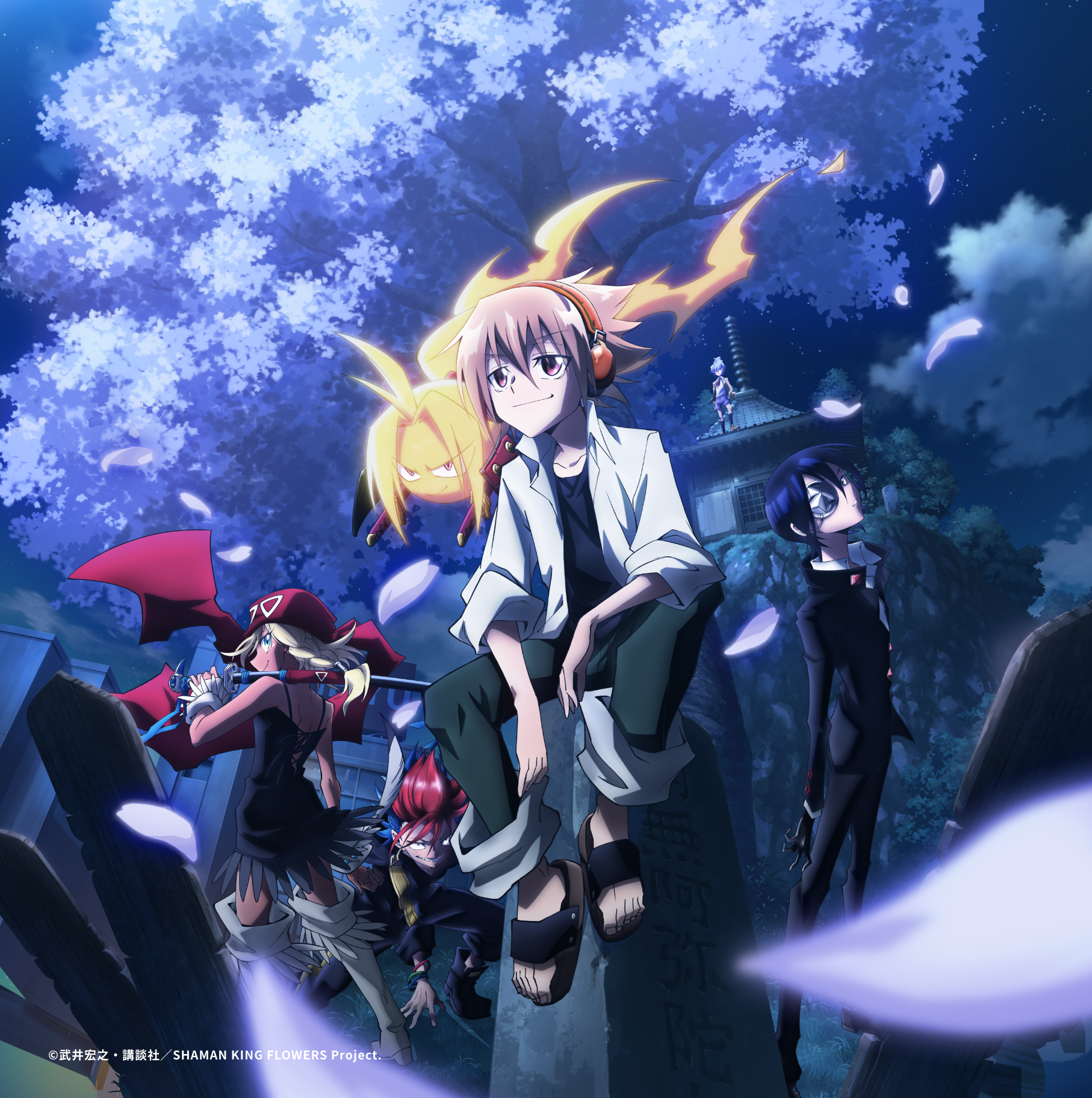 Anime characters from Shaman King Flowers with protagonist sitting in the center surrounded by fiery spirit and allies against a mystical nighttime backdrop.