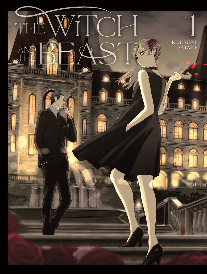 Cover art of The Witch and The Beast featuring an elegantly dressed anime witch in black with a man in suit behind her, against a backdrop of a grand, illuminated building.
