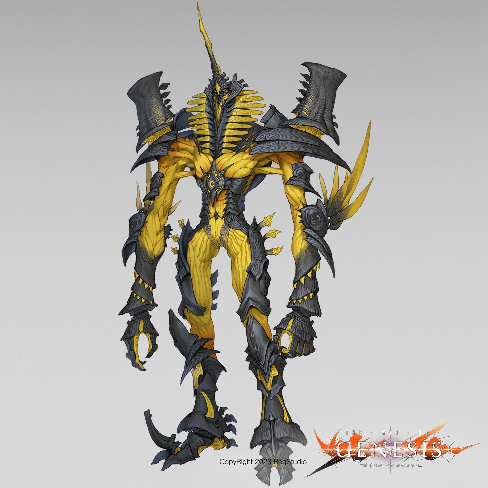 Concept art of a black and yellow armored character from The War Of Genesis video game, featuring intricate design and dynamic pose.