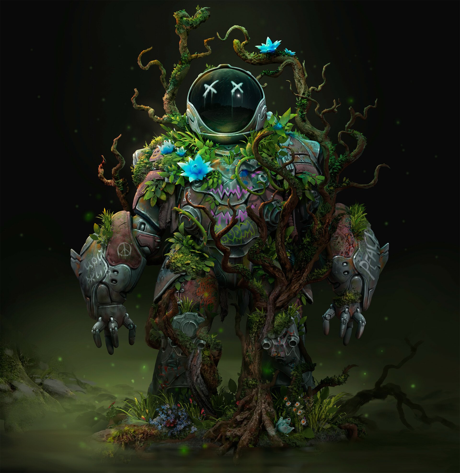 Sci-fi themed illustration of an astronaut with a suit overgrown by lush greenery and flowers, exuding a mystical forest vibe.