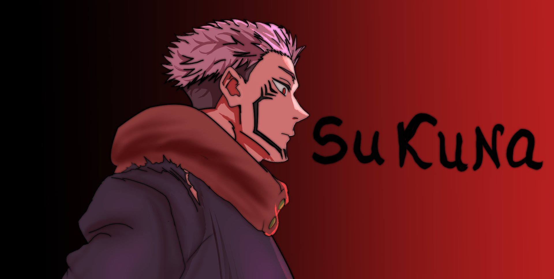 Side profile of Sukuna (Jujutsu Kaisen) with pink hair and black facial markings, wearing a fur-collared coat against a red-to-black gradient background with SuKuNa text.