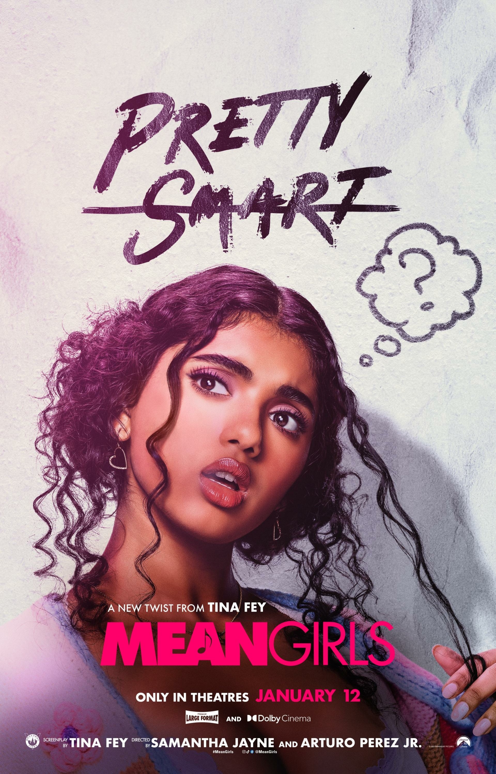 Poster of the 2024 movie Mean Girls with the tagline 'Pretty Smart' featuring a thoughtful young woman, announcing its release in theaters January 12, created by Tina Fey.