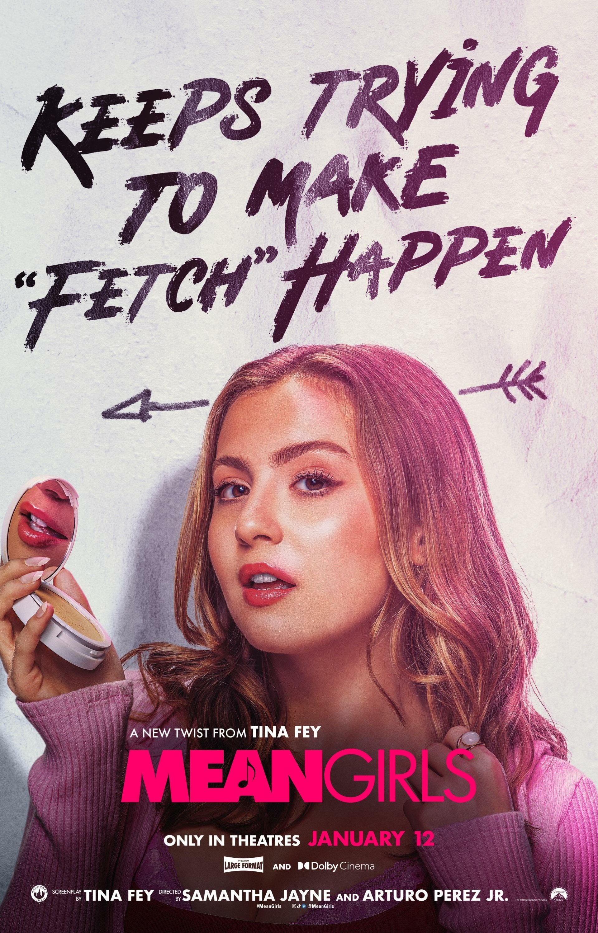 Promotional poster for the 2024 movie Mean Girls featuring a quote 'Keeps trying to make fetch happen' with a young woman holding a high heel shoe against a pink background.