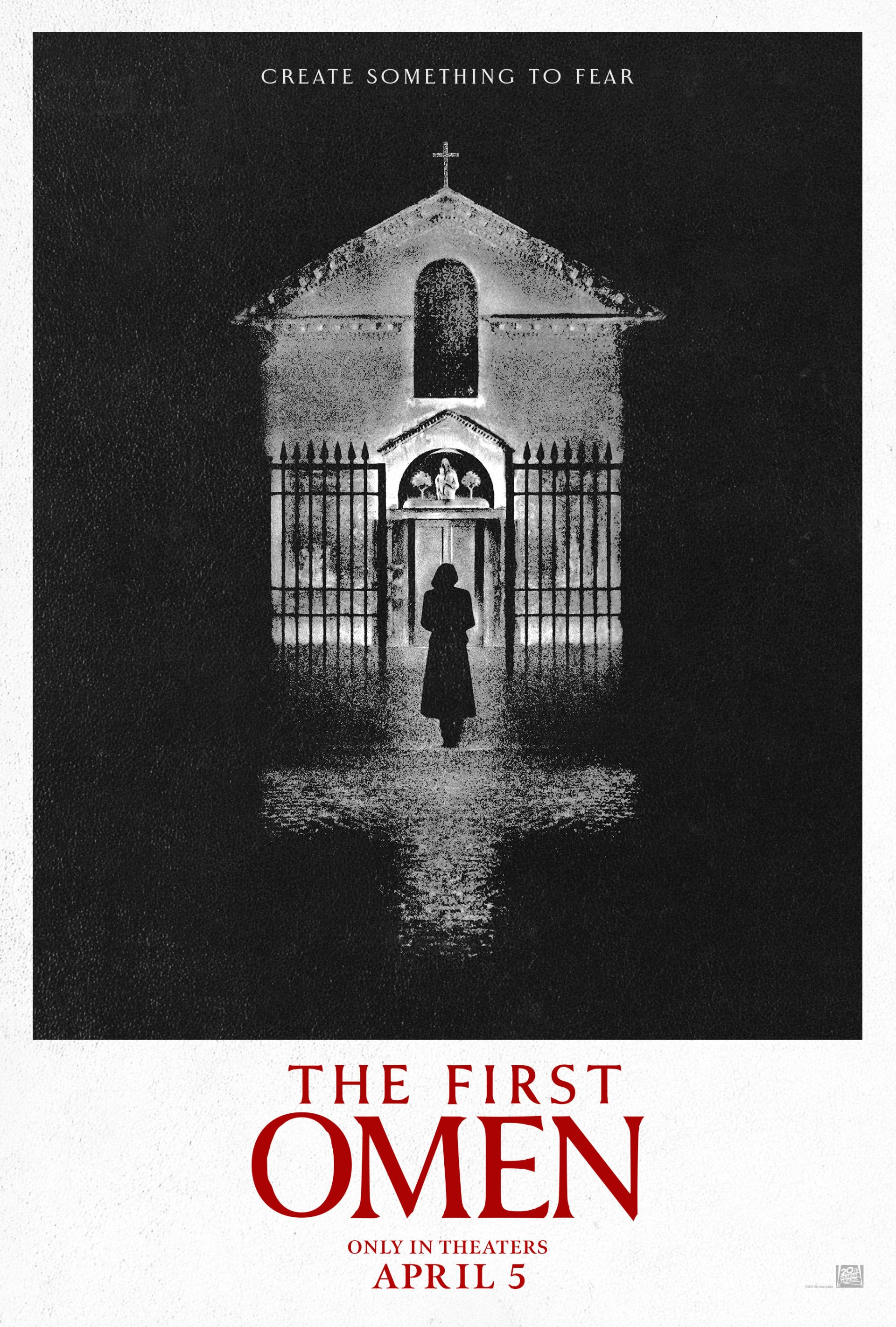 Promotional poster for The First Omen movie featuring a shadowy figure at the entrance of a gothic building, with a release date of April 5.