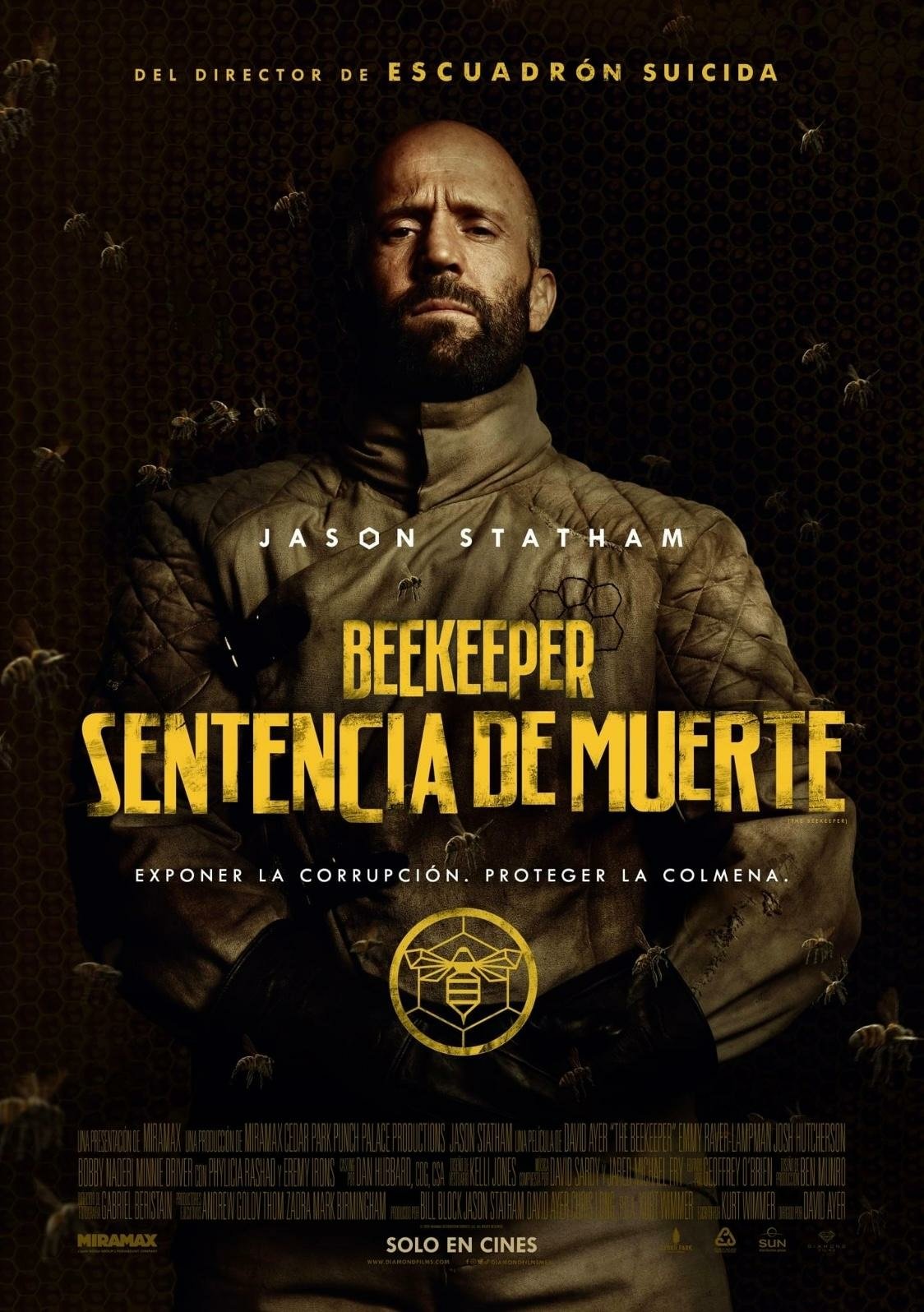 Official poster for The Beekeeper movie featuring Jason Statham, with a bold title and tagline hinting at action and intrigue, set against a backdrop of bees.