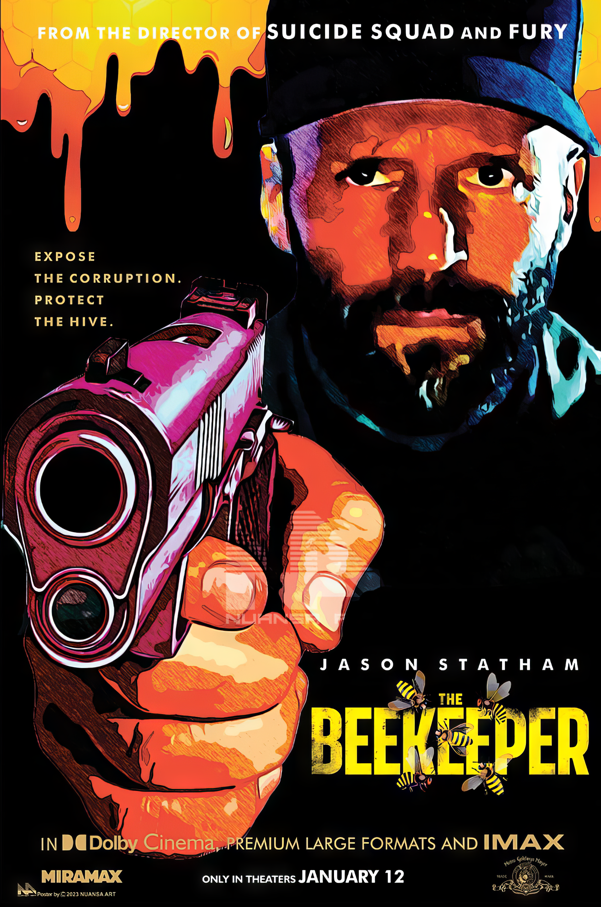 Movie poster for The Beekeeper featuring a stylized image of a character holding a gun, with promotional text and release details.