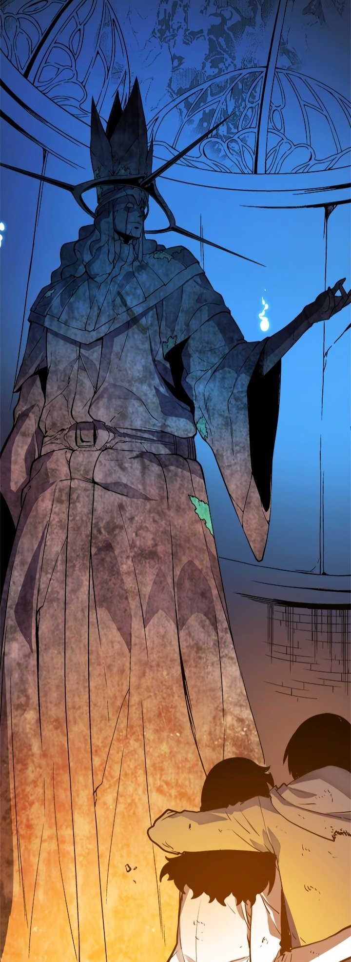 A towering statue with a spiked crown and outstretched arm stands inside a domed structure, as two figures embrace in front of it, from the Solo Leveling series.