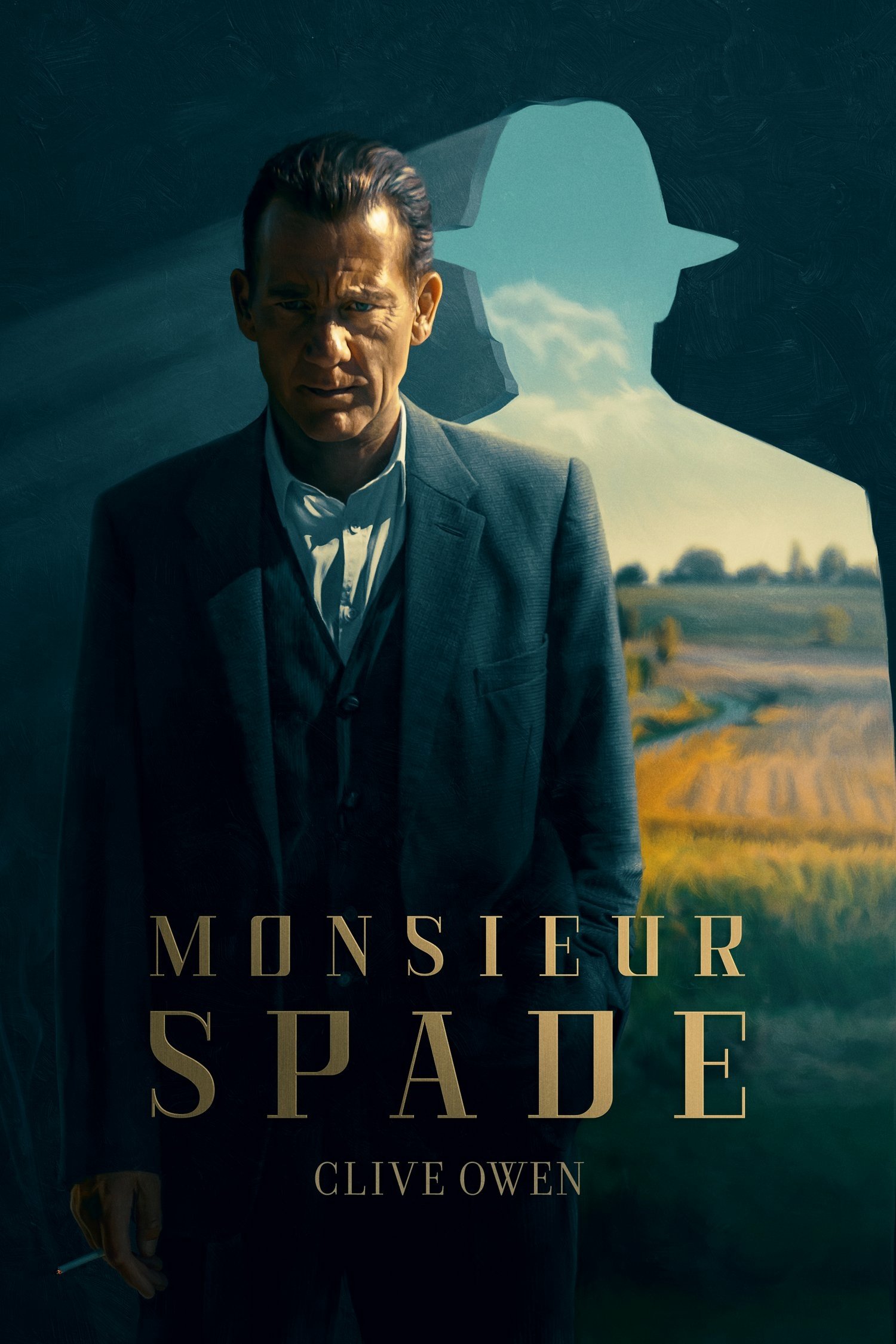 Promotional poster for the TV Show 'Monsieur Spade' featuring a stern-looking man in a vintage suit with a countryside landscape in the background.
