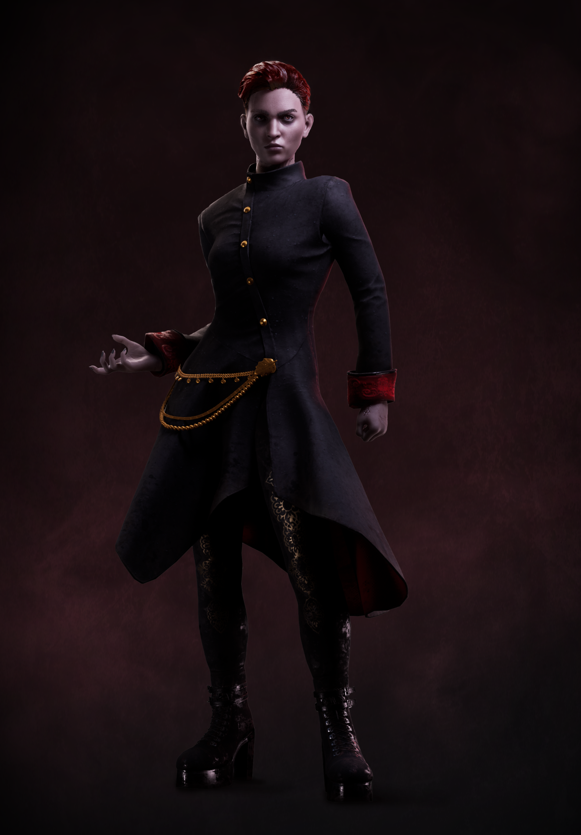 Character from Vampire: The Masquerade - Bloodlines 2 video game posing dramatically with gothic attire on a dark background.