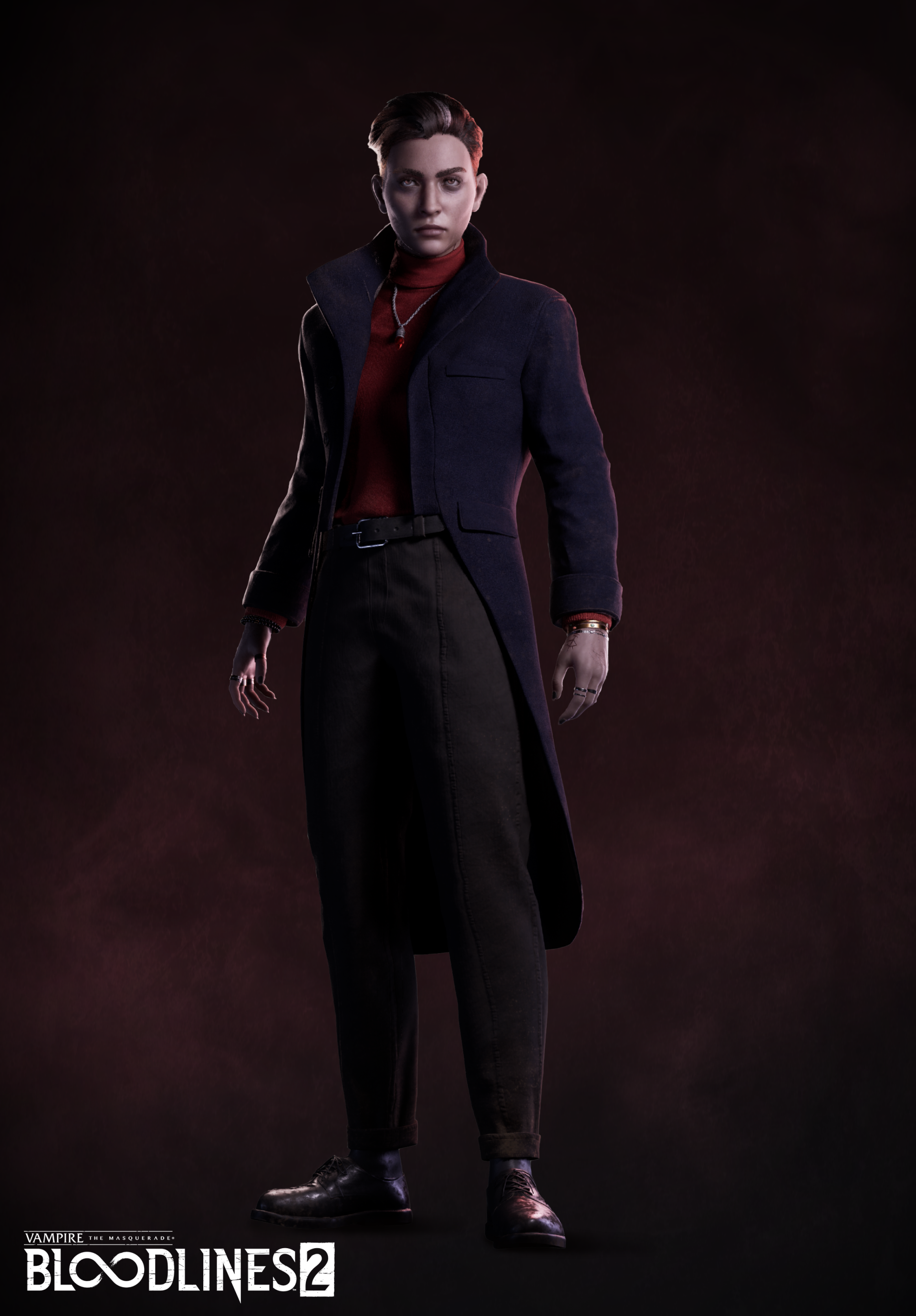 Character from Vampire: The Masquerade - Bloodlines 2 video game, dressed in modern attire with game logo.