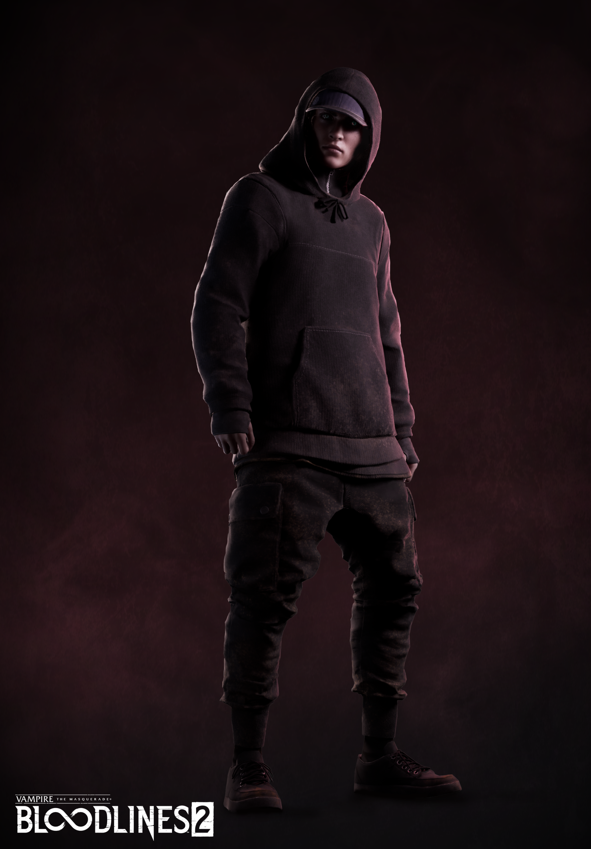 Promotional character image for Vampire: The Masquerade - Bloodlines 2 video game, featuring a mysterious figure in a dark hoodie standing against a moody purple backdrop with the game's logo at the bottom.