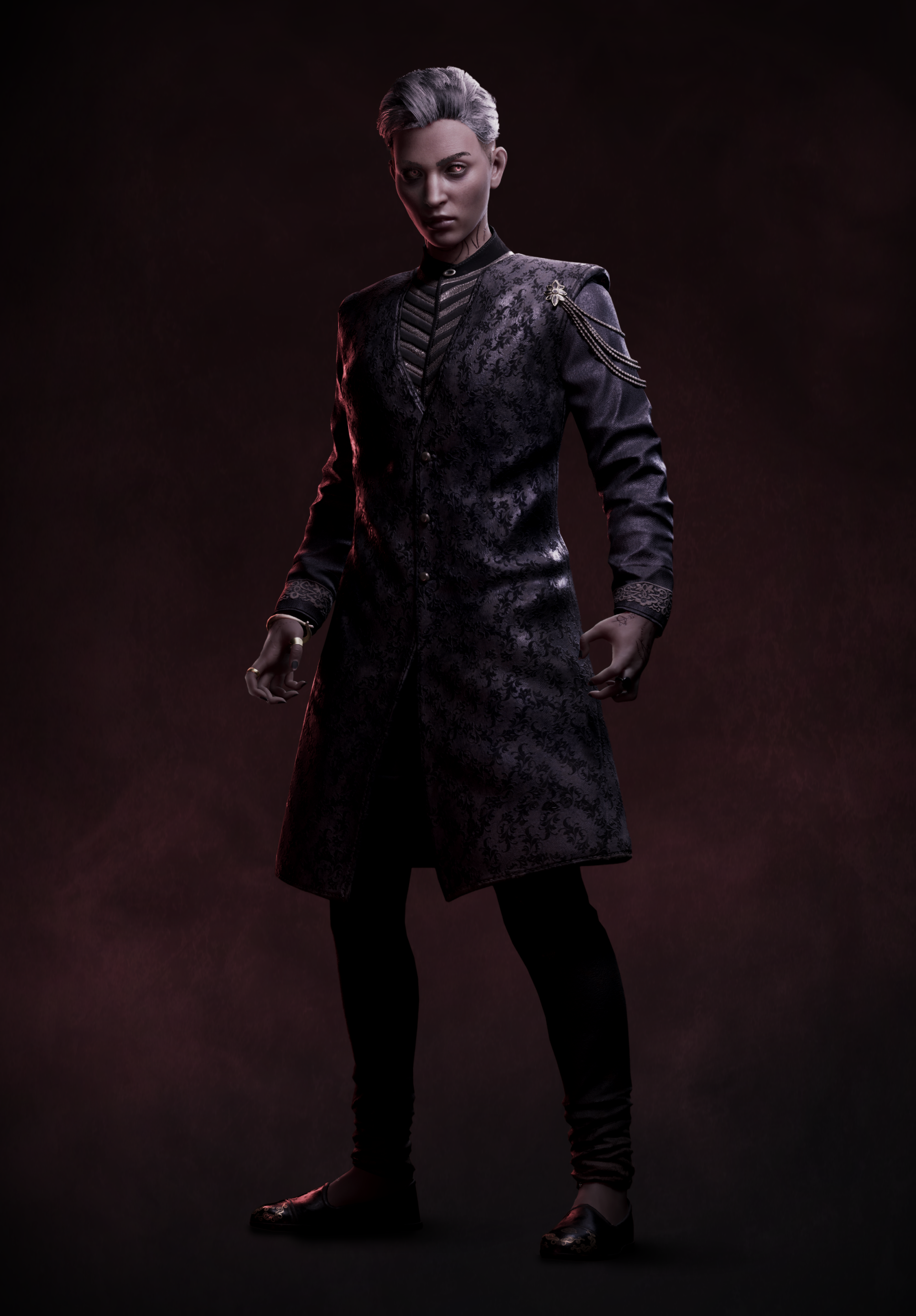 Stylish character from Vampire: The Masquerade - Bloodlines 2 video game posing against a dark background, showcasing gothic-inspired fashion.