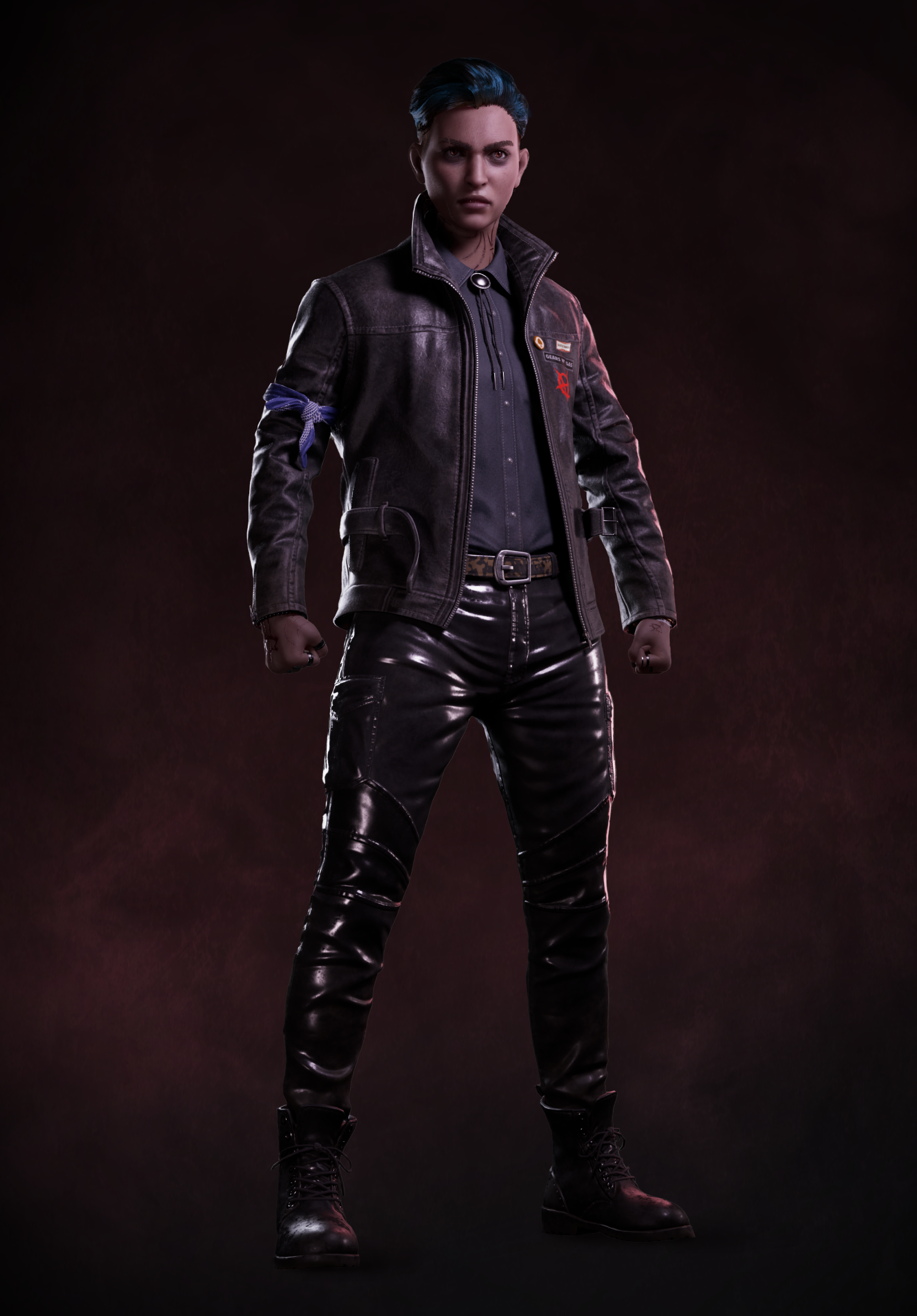 Character from Vampire: The Masquerade - Bloodlines 2 video game posing in leather jacket and boots.