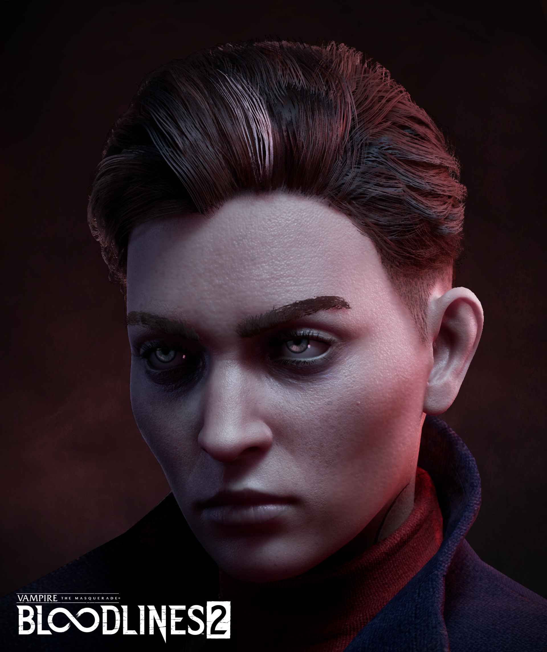 Close-up of a character from the video game Vampire: The Masquerade - Bloodlines 2, showcasing detailed graphics and intense expression.