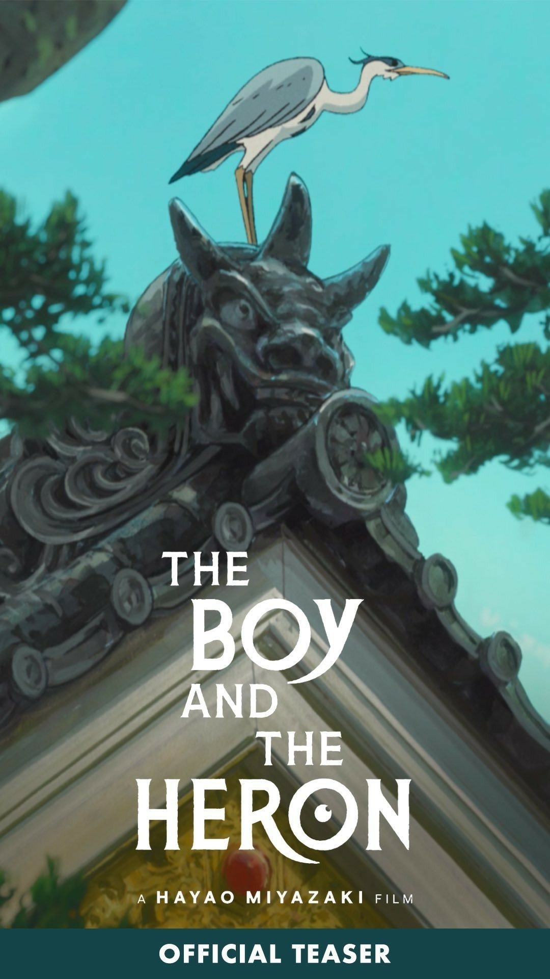 Anime teaser poster featuring a heron perched on top of a traditional decorative roof, for Hayao Miyazaki's film 'The Boy and the Heron.'