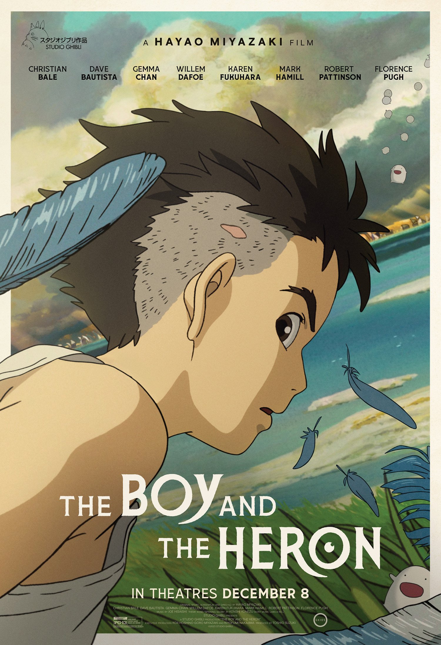Promotional poster for the animated film The Boy and the Heron by Hayao Miyazaki, showing an anime boy looking at a heron with a serene beach in the background. Release date in theaters December 8.
