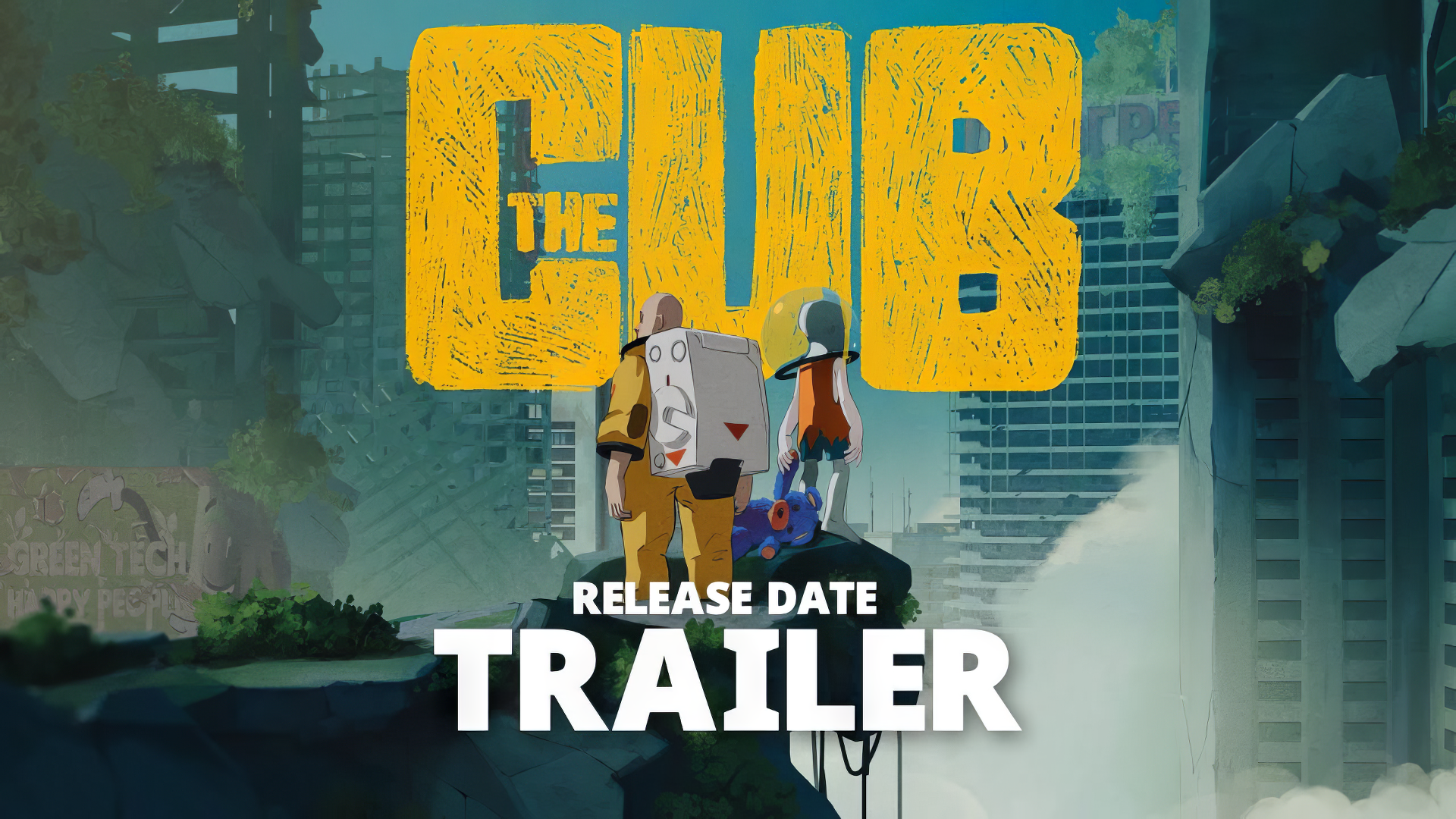 Promotional graphic for 'The Cub' video game featuring bold title text and a release date trailer announcement, set against a dystopian city backdrop.