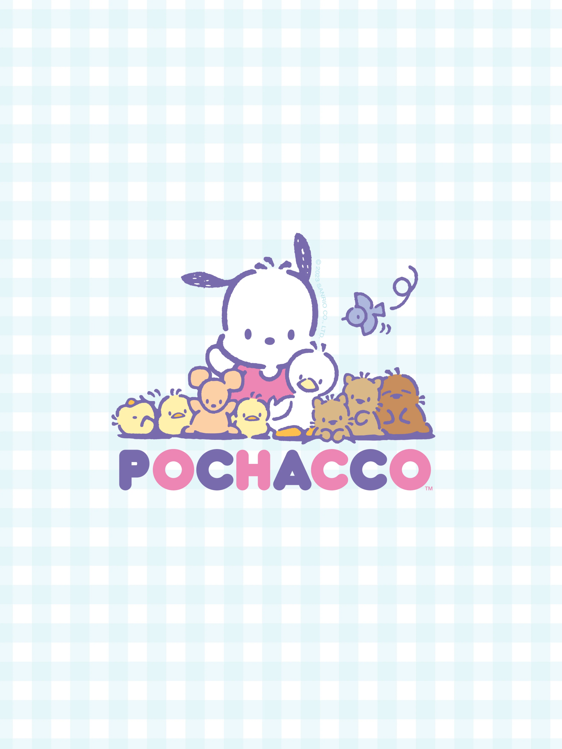 Anime-style image featuring Pochacco surrounded by small cute animal friends with a blue checkered background and POCHACCO text below.