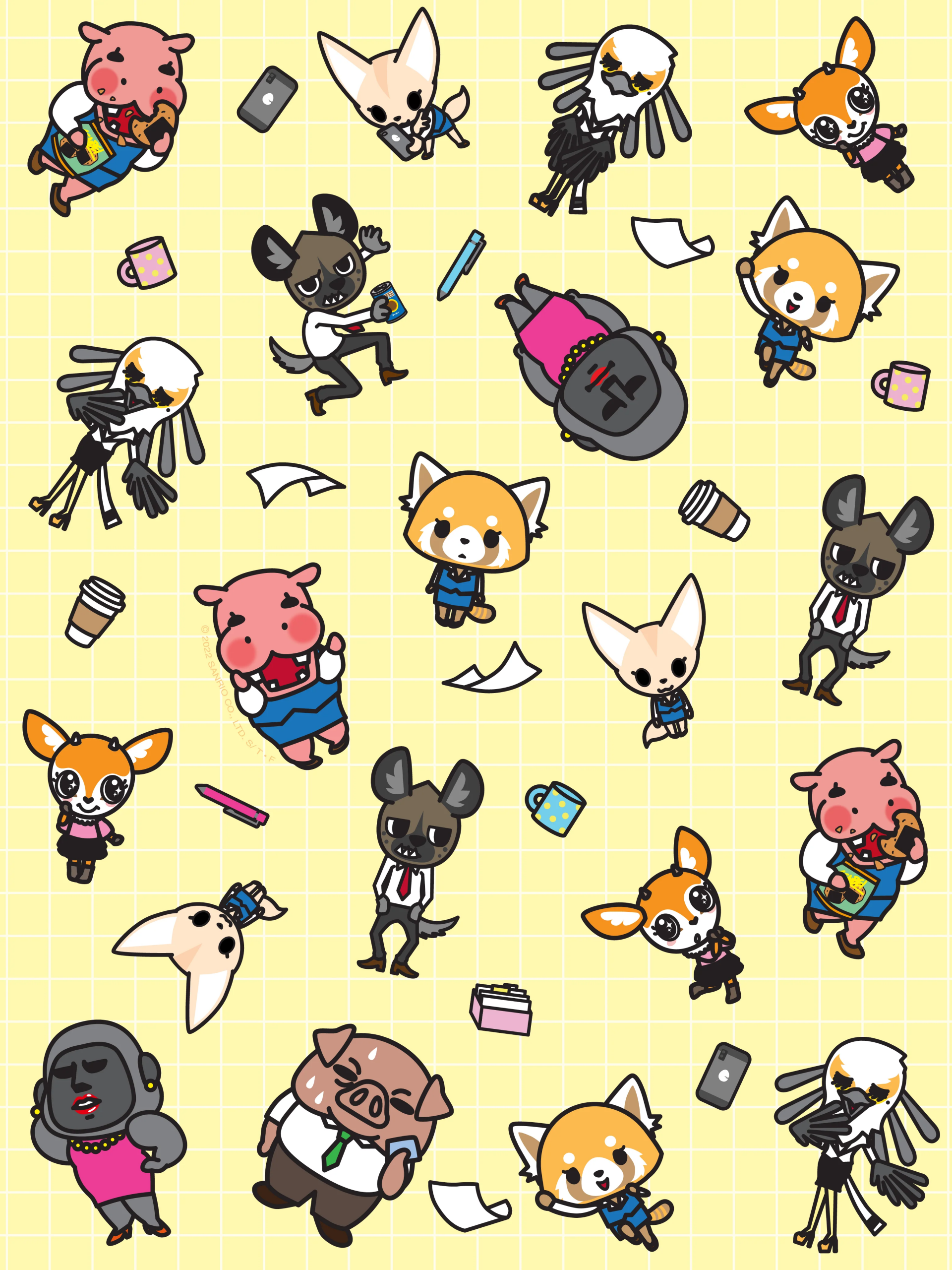 A colorful collection of Aggretsuko characters, including Retsuko, animated in various poses on a patterned background, representing scenes from the anime series.