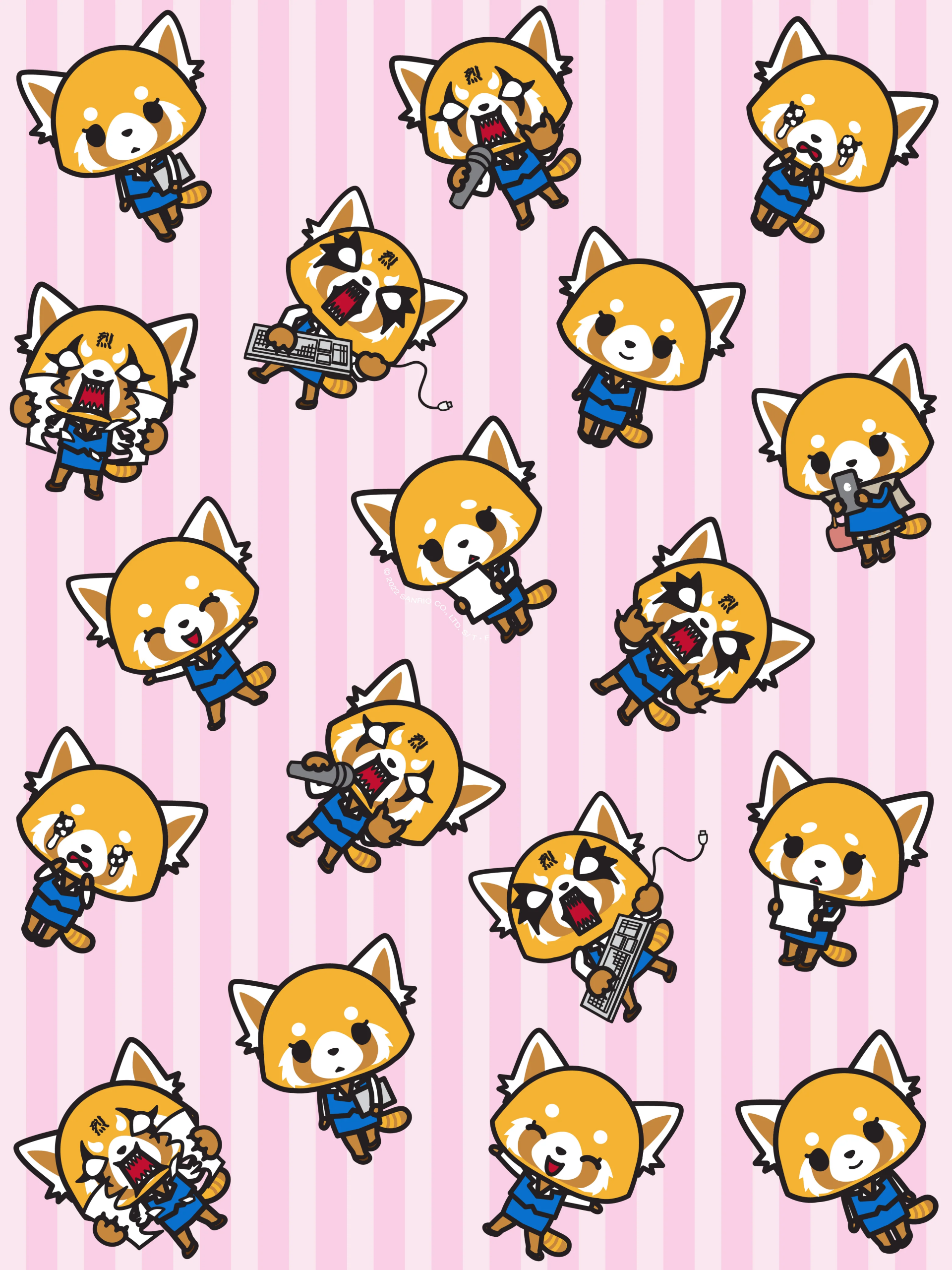 Patterned illustration of Retsuko from Aggretsuko anime showing various expressions and poses on a pink striped background.