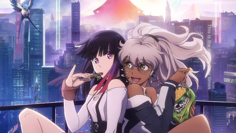 Anime characters from Metallic Rouge with urban skyline backdrop at sunset.